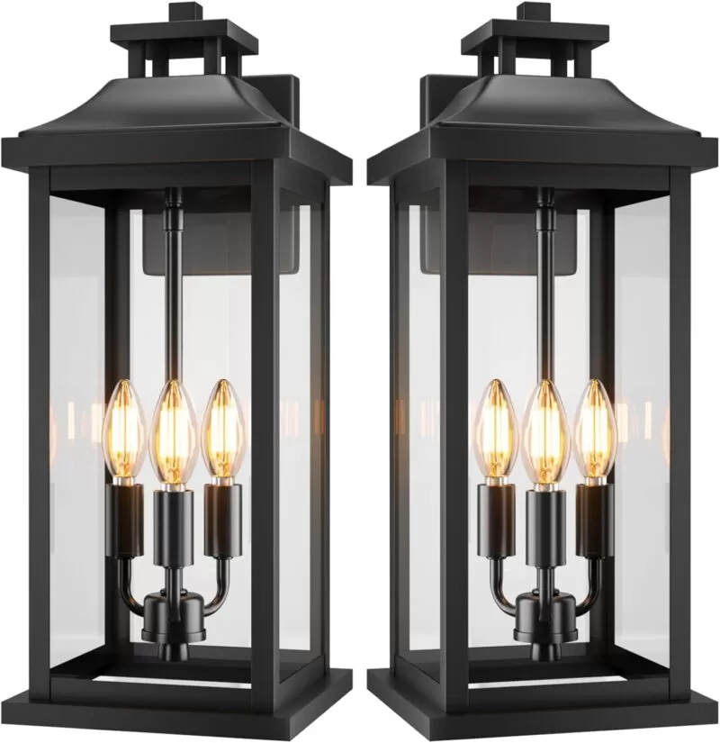 B08042P 20" Large Dusk to Dawn Outdoor Lights 3-Light, 2 Pack Black Modern Exterior Lighting Fixtures Photocell Sensor Outside Porch Lights Wall Mount, Waterproof Patio Exterior Sconce Lamps E12