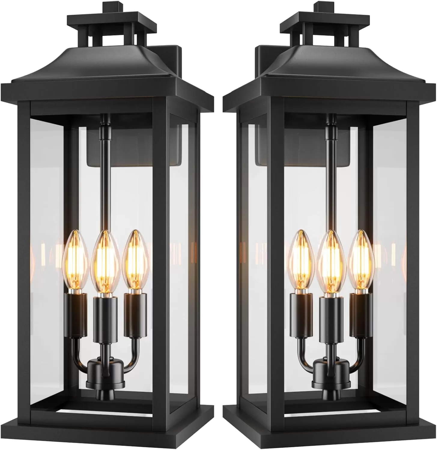 B08042P 20" Large Dusk to Dawn Outdoor Lights 3-Light, 2 Pack Black Modern Exterior Lighting Fixtures Photocell Sensor Outside Porch Lights Wall Mount, Waterproof Patio Exterior Sconce Lamps E12