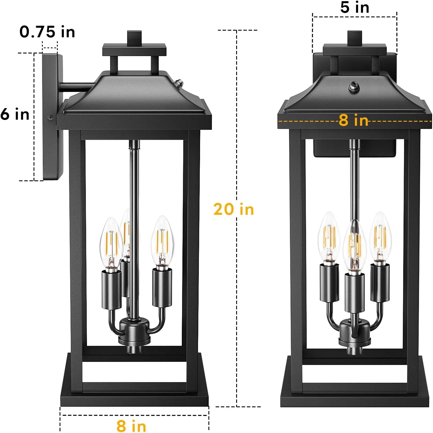 B08042PP 20" Large Dusk to Dawn Outdoor Lights 3-Light, 2 Pack Black Modern Exterior Lighting Fixtures Photocell Sensor Outside Porch Lights Wall Mount, Waterproof Patio Exterior Sconce Lamps E12 - Image 3