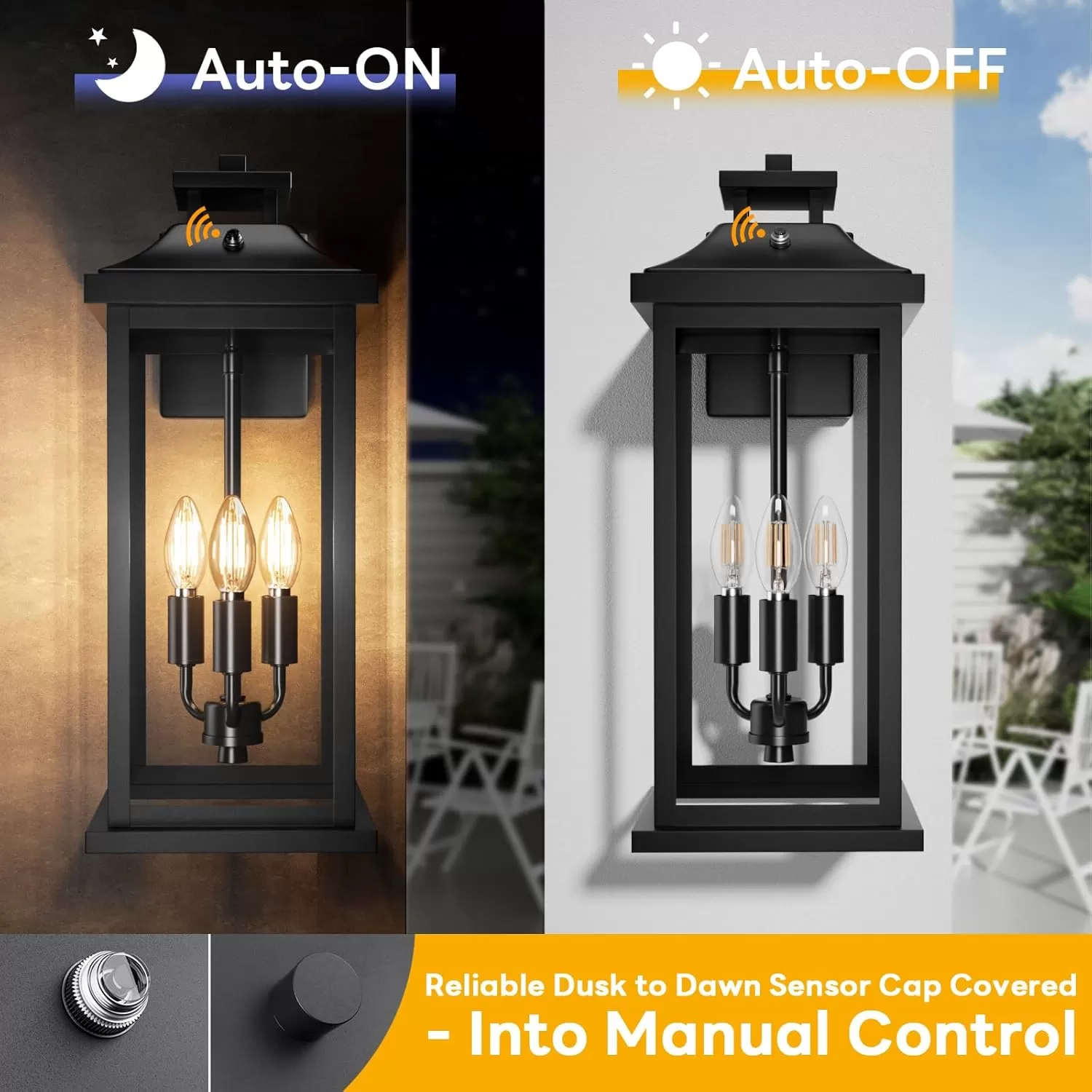 B08042PP 20" Large Dusk to Dawn Outdoor Lights 3-Light, 2 Pack Black Modern Exterior Lighting Fixtures Photocell Sensor Outside Porch Lights Wall Mount, Waterproof Patio Exterior Sconce Lamps E12 - Image 4