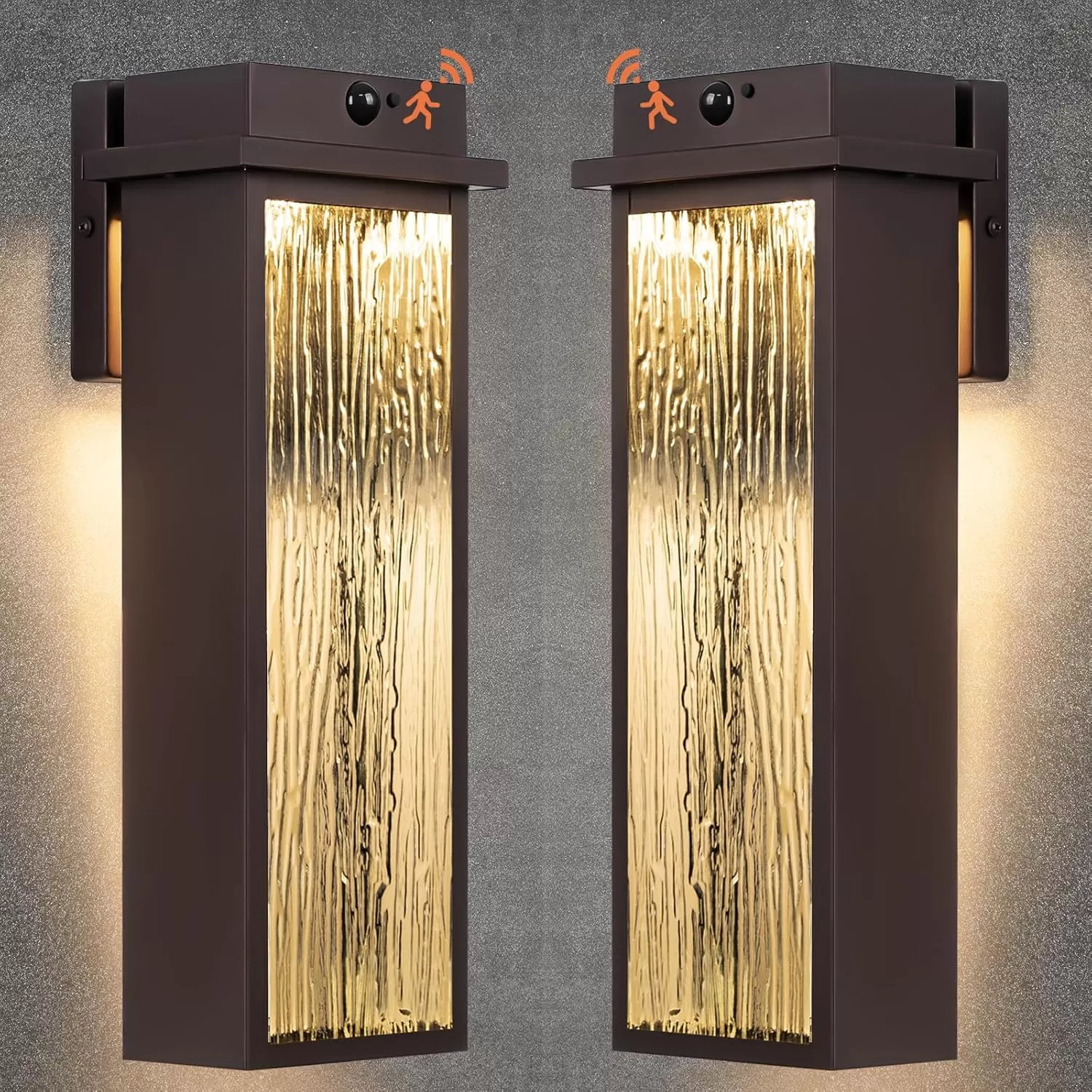 B06104LG Upgraded Dusk to Dawn LED Outside Lights, 2 Pack 16” Oil Rubbed Bronze Motion Sensor LED Outdoor Lanterns, Waterproof Brown Rustic Exterior Sconce Lamps Porch Lanterns with Rippled Glass - Image 4