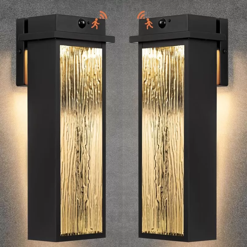 B06104LG Upgraded Dusk to Dawn LED Outside Lights, 2 Pack 16” Oil Rubbed Bronze Motion Sensor LED Outdoor Lanterns, Waterproof Brown Rustic Exterior Sconce Lamps Porch Lanterns with Rippled Glass