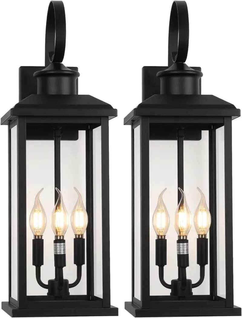 B08048P 24" Extra Large Outdoor Wall Light Fixture 2-Pack, Black 3-Light Modern Porch Lantern, Waterproof Exterior Lighting Sconce Wall Mount, Outside Lamp for House Garage Patio E12 Base