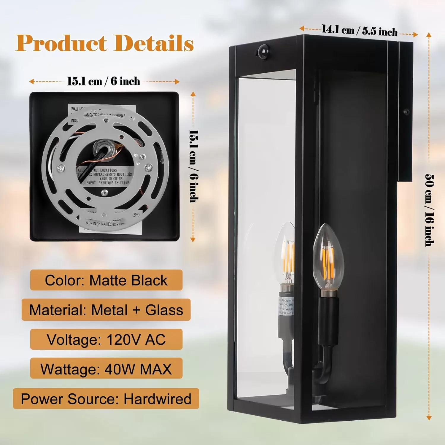 B06157PG Black Motion Sensor Outdoor Lights 2-Light, 16” Modern Dusk to Dawn Sensor Lights for Outside 2 Pack, Exterior Wall Mount Porch Lanterns Waterproof Outside House Lamps for Garage Yard E12 - Image 5