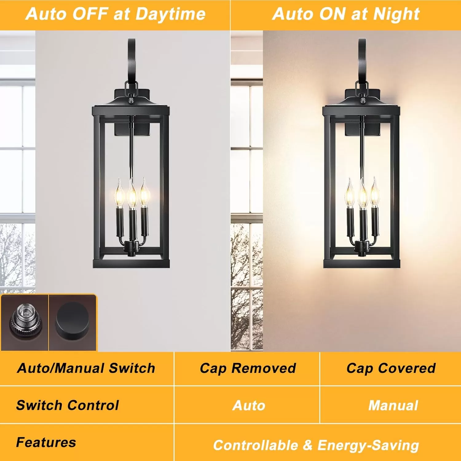 B08039PP 2 Packs 24" Extra Large Dusk to Dawn Light Fixture 3-Light, Black Outdoor Porch Lantern Wall Mounted, Waterproof Modern Outside Wall Sconce Coach Lamp for House, E12 - Image 3