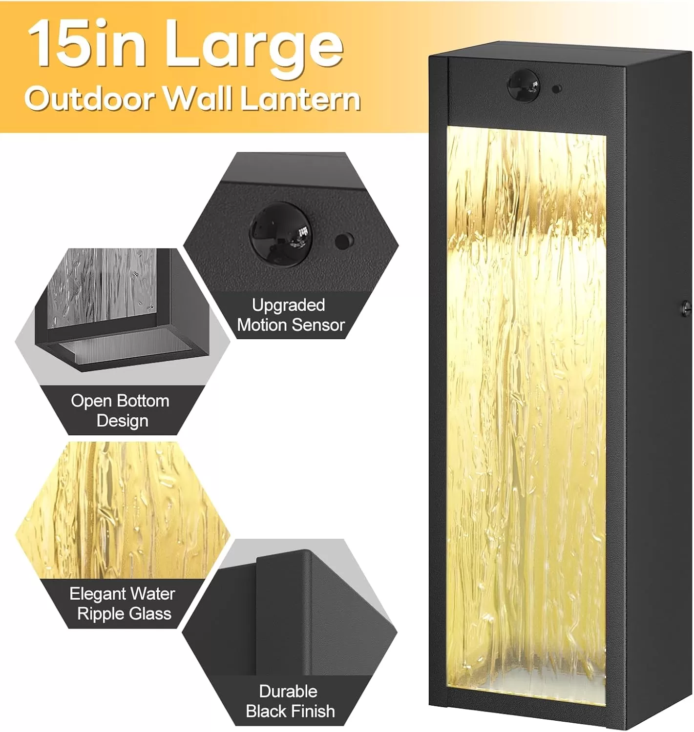 B05097LG Motion Sensor LED Outdoor Wall Light Fixtures 2 Pack, Modern Dusk to Dawn Sensor Porch Outdoor Lighting, Black 15 Inch Water Ripple Exterior Wall Sconce, LED Outside Lantern for Garage Front Door - Image 5