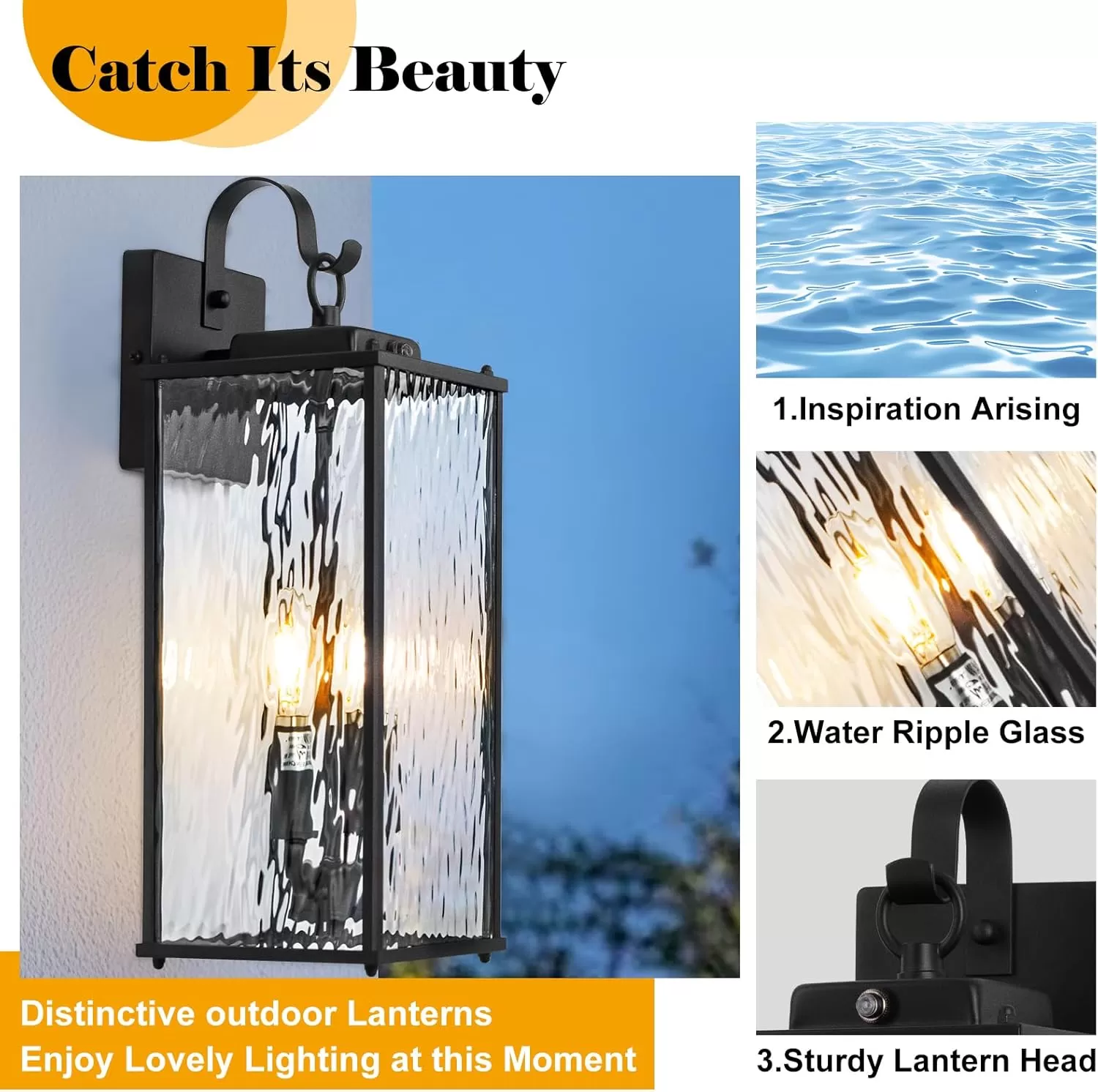 B05087PP Dusk to Dawn Sensor Outdoor Light 18 Inch, Large 2-Light Bulb Outdoor Sconce Light Photocell Sensor Water Ripple Glass IP65 Waterproof Exterior Wall Lantern Lamp, E12 - Image 2