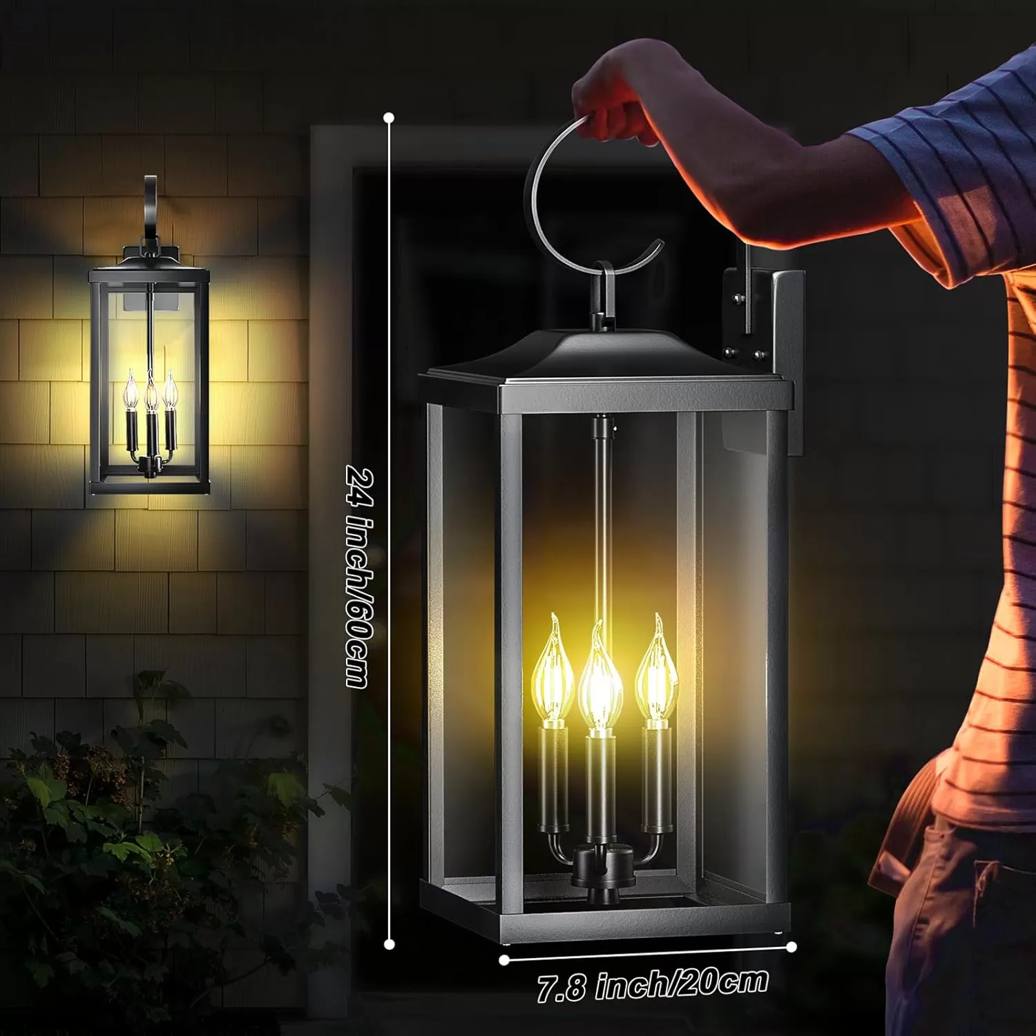B08039P 2 Packs 24" Extra Large Outside Wall Light Fixture 3-Light, Black Outdoor Porch Lantern Wall Mounted, Waterproof Modern Outside Wall Sconce Coach Lamp for House, E12 - Image 3