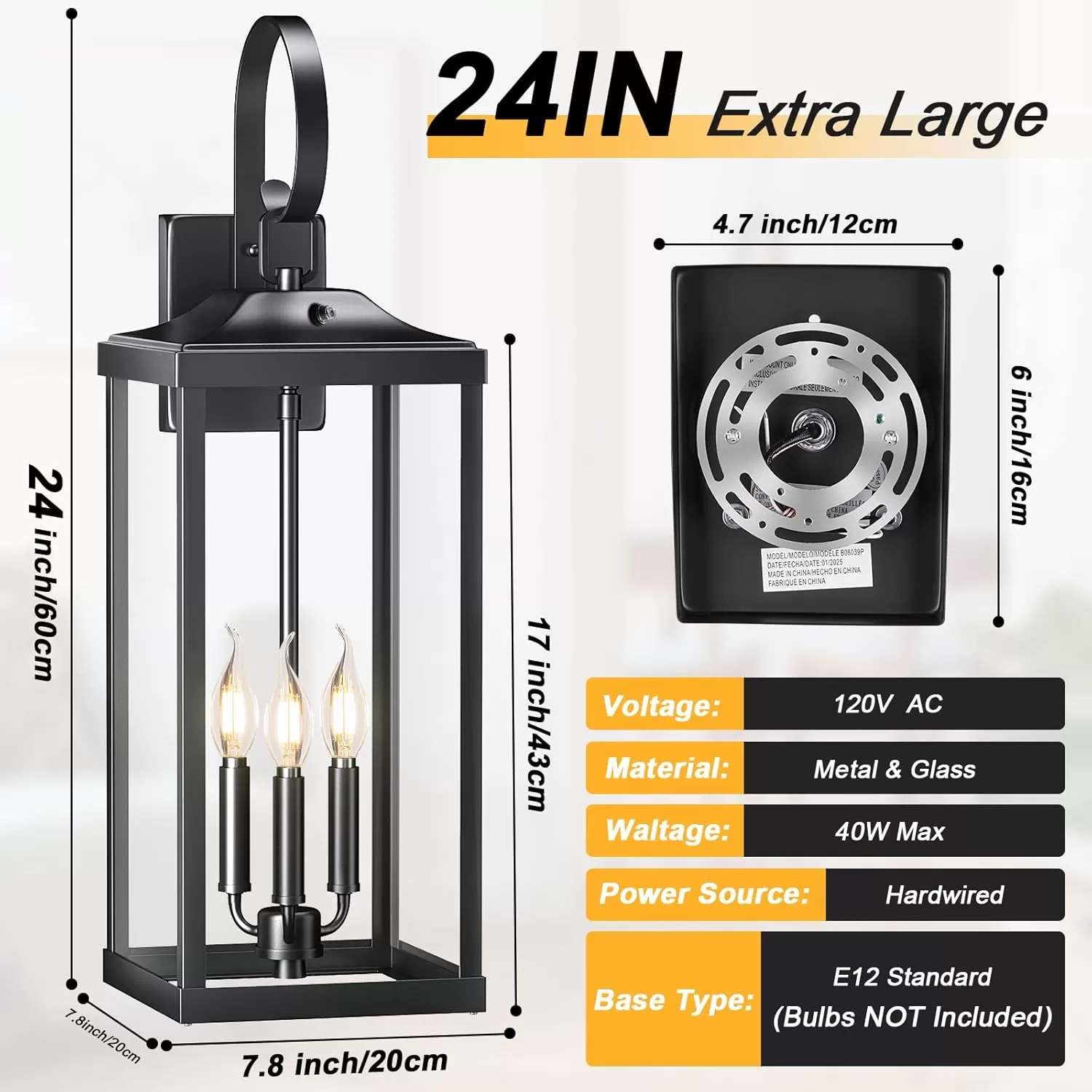 B08039PP 2 Packs 24" Extra Large Dusk to Dawn Light Fixture 3-Light, Black Outdoor Porch Lantern Wall Mounted, Waterproof Modern Outside Wall Sconce Coach Lamp for House, E12 - Image 6