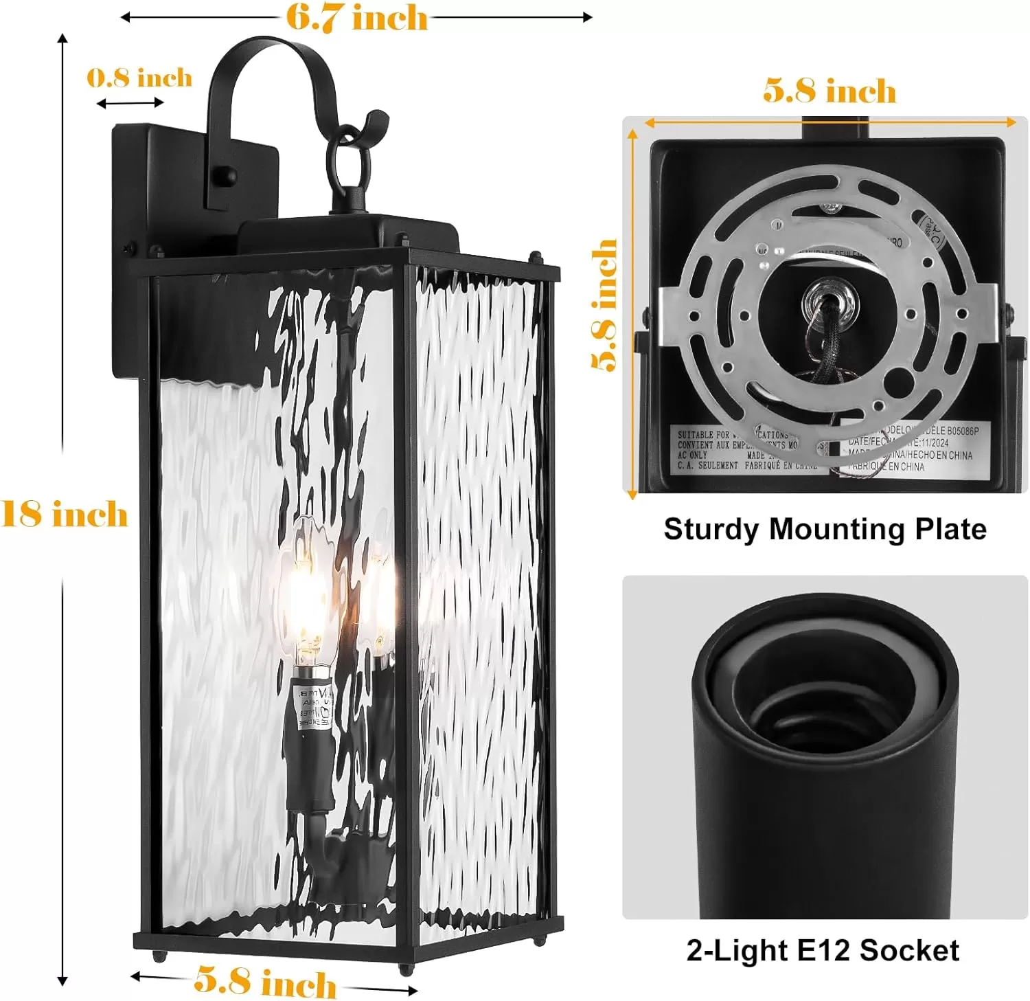 B05087P 8 Inch Large Outdoor Light Fixture with 2-Light Candelabra, 1-Pack Water Ripple Glass Exterior Lighting Fixture IP65 Waterproof Outdoor Wall Lantern Outside Lamp Carriage Porch Light, E12 - Image 2