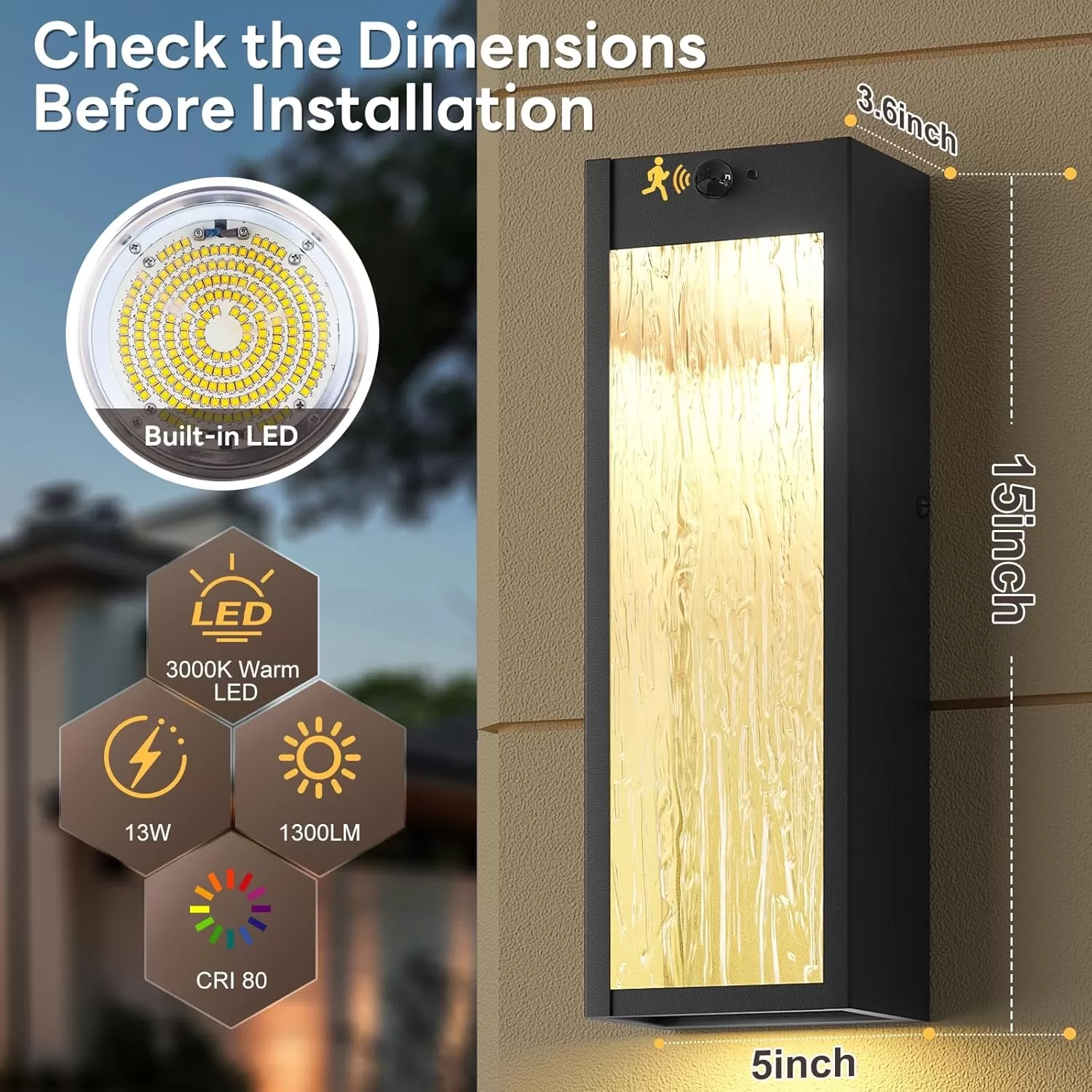 B05097LG Motion Sensor LED Outdoor Wall Light Fixtures 2 Pack, Modern Dusk to Dawn Sensor Porch Outdoor Lighting, Black 15 Inch Water Ripple Exterior Wall Sconce, LED Outside Lantern for Garage Front Door - Image 4