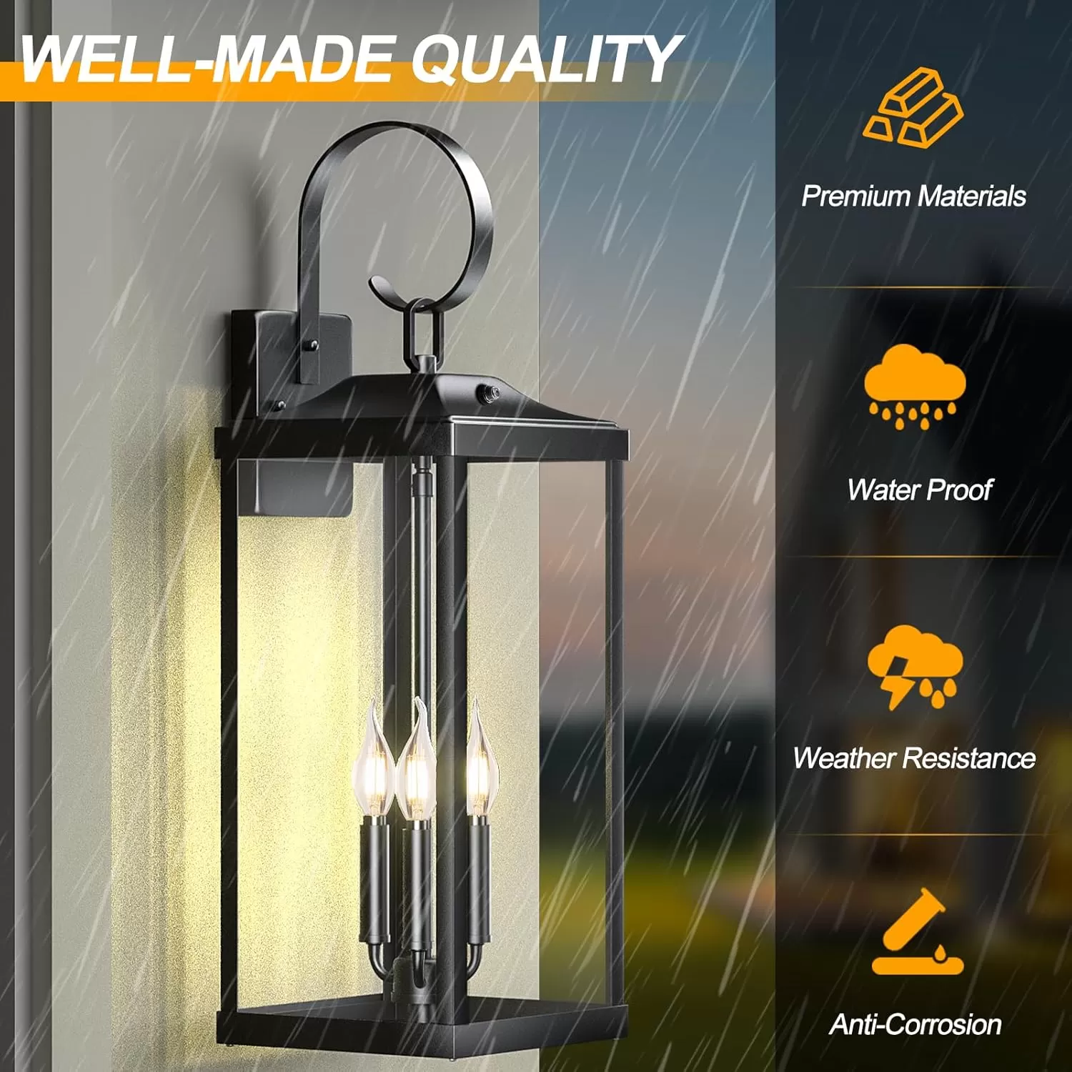B08039PP 2 Packs 24" Extra Large Dusk to Dawn Light Fixture 3-Light, Black Outdoor Porch Lantern Wall Mounted, Waterproof Modern Outside Wall Sconce Coach Lamp for House, E12 - Image 2