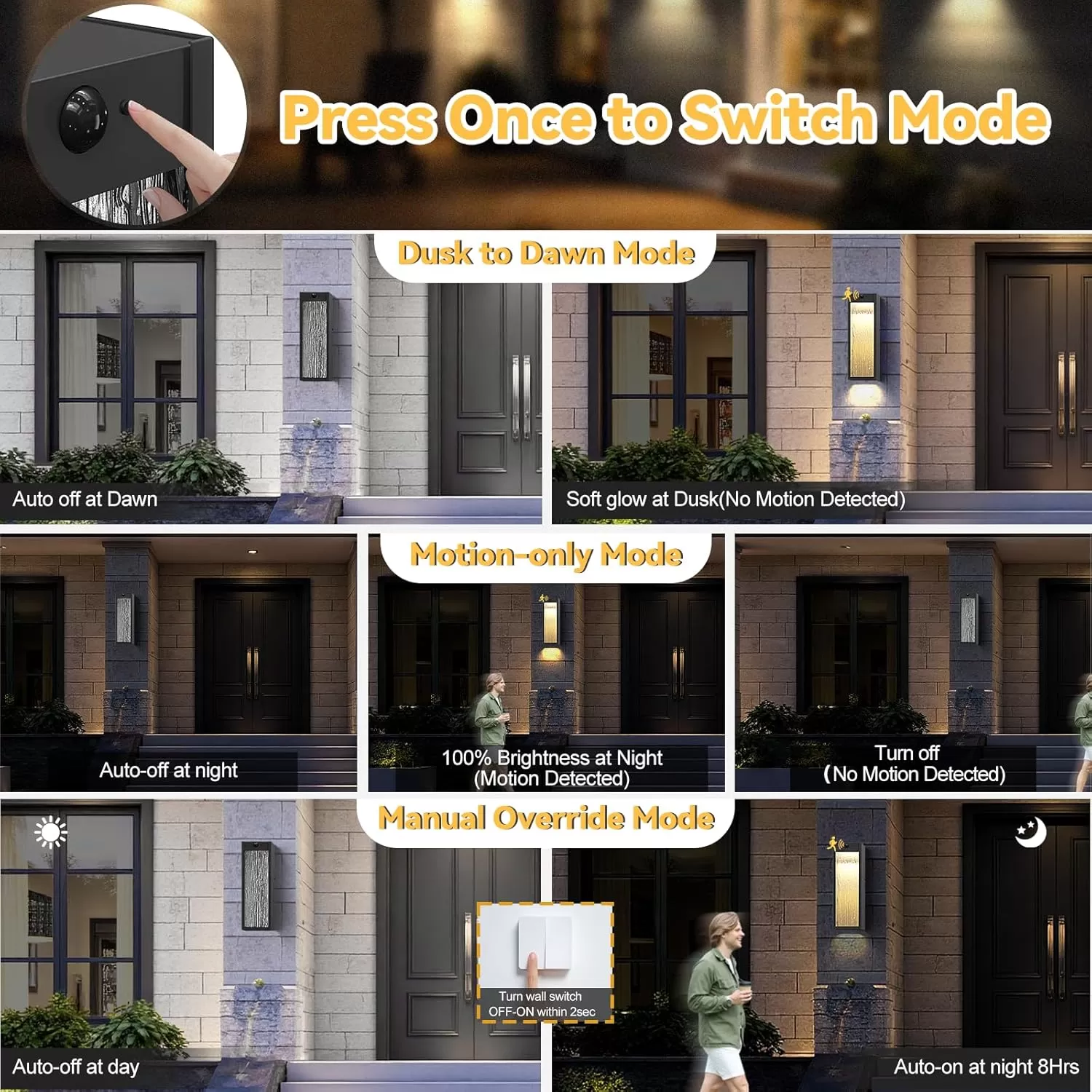 B05097LG Motion Sensor LED Outdoor Wall Light Fixtures 2 Pack, Modern Dusk to Dawn Sensor Porch Outdoor Lighting, Black 15 Inch Water Ripple Exterior Wall Sconce, LED Outside Lantern for Garage Front Door - Image 2