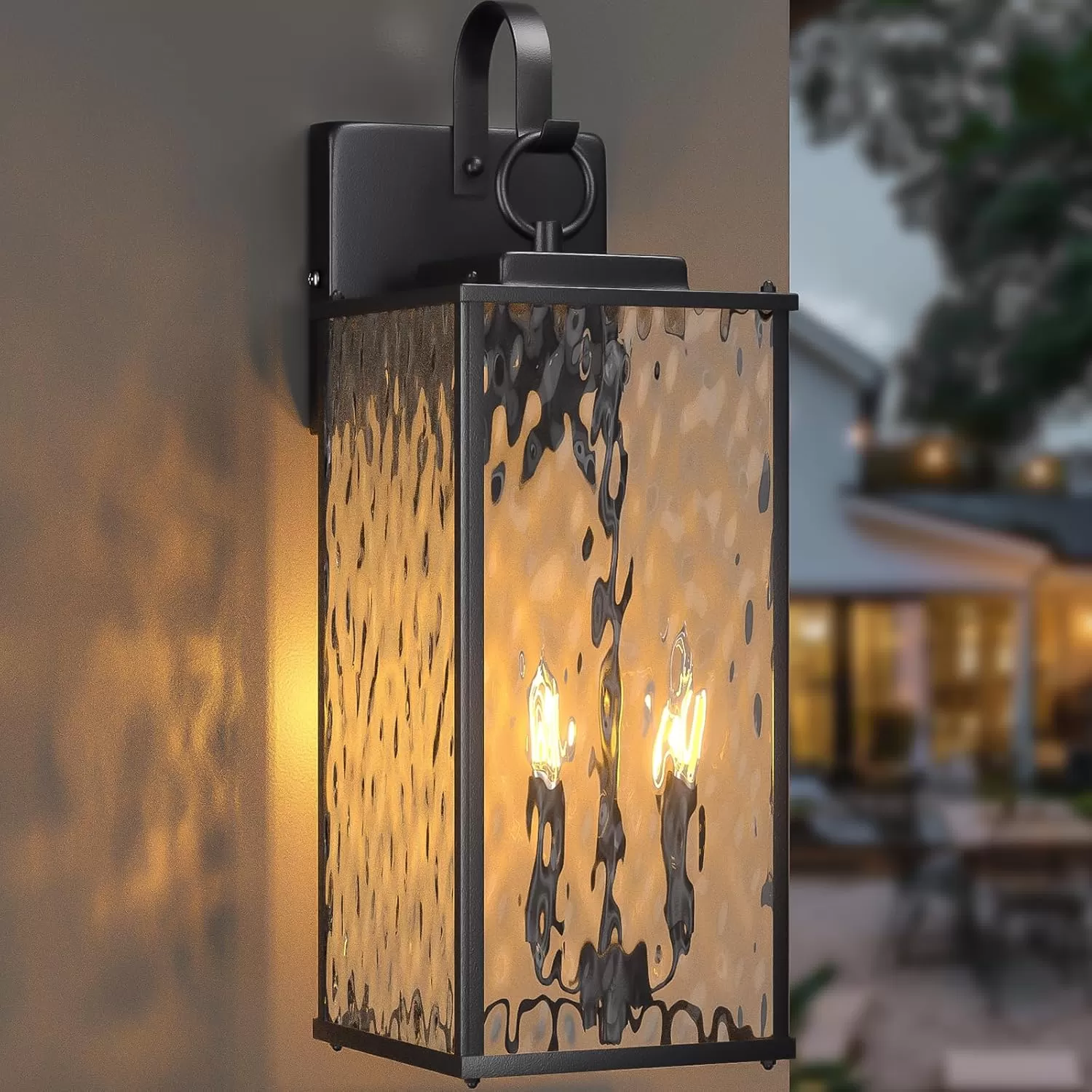 B05087P 8 Inch Large Outdoor Light Fixture with 2-Light Candelabra, 1-Pack Water Ripple Glass Exterior Lighting Fixture IP65 Waterproof Outdoor Wall Lantern Outside Lamp Carriage Porch Light, E12