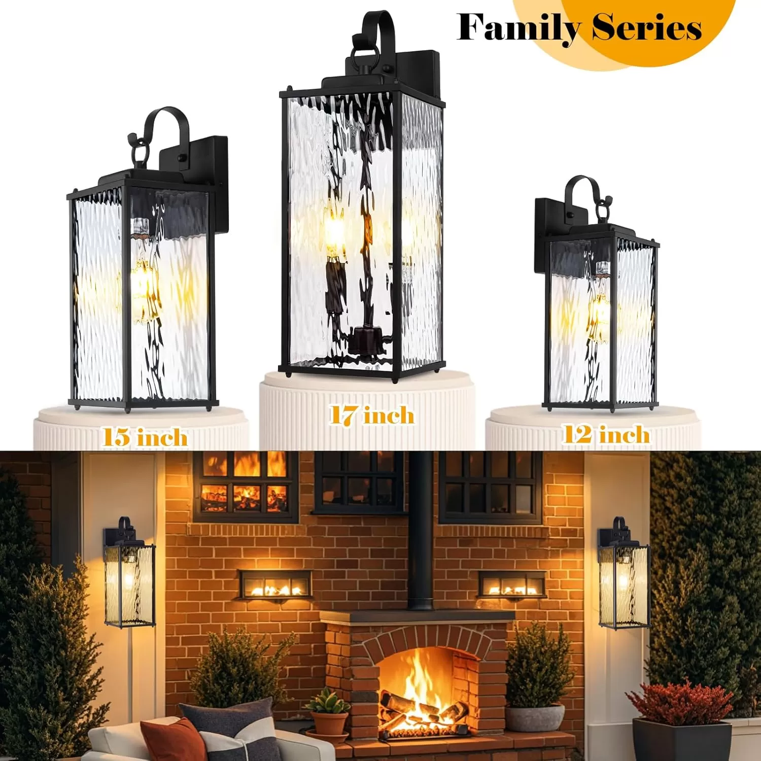 B04057P 12 Inch Outdoor Wall Sconces with Water Ripple Glass 2-Pack, IP65 Waterproof Matte Black Exterior Light Fixtures Outside Lights for House Front Porch Lanterns Patio Garage Lights, E26 - Image 4