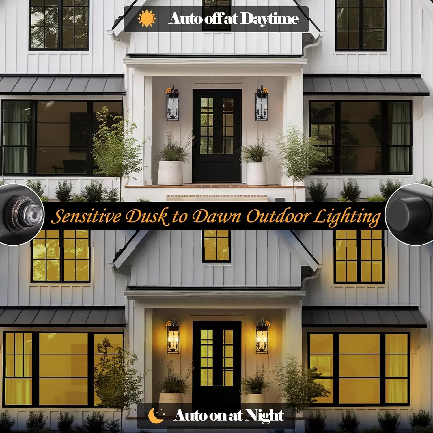 B05087PP Dusk to Dawn Sensor Outdoor Light 18 Inch, Large 2-Light Bulb Outdoor Sconce Light Photocell Sensor Water Ripple Glass IP65 Waterproof Exterior Wall Lantern Lamp, E12 - Image 6