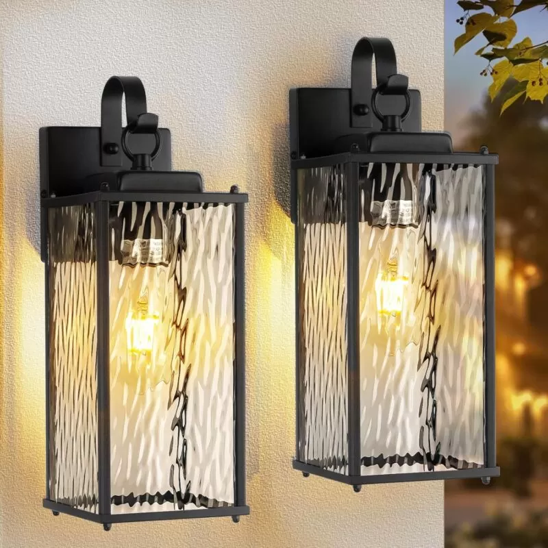 B04057P 12 Inch Outdoor Wall Sconces with Water Ripple Glass 2-Pack, IP65 Waterproof Matte Black Exterior Light Fixtures Outside Lights for House Front Porch Lanterns Patio Garage Lights, E26