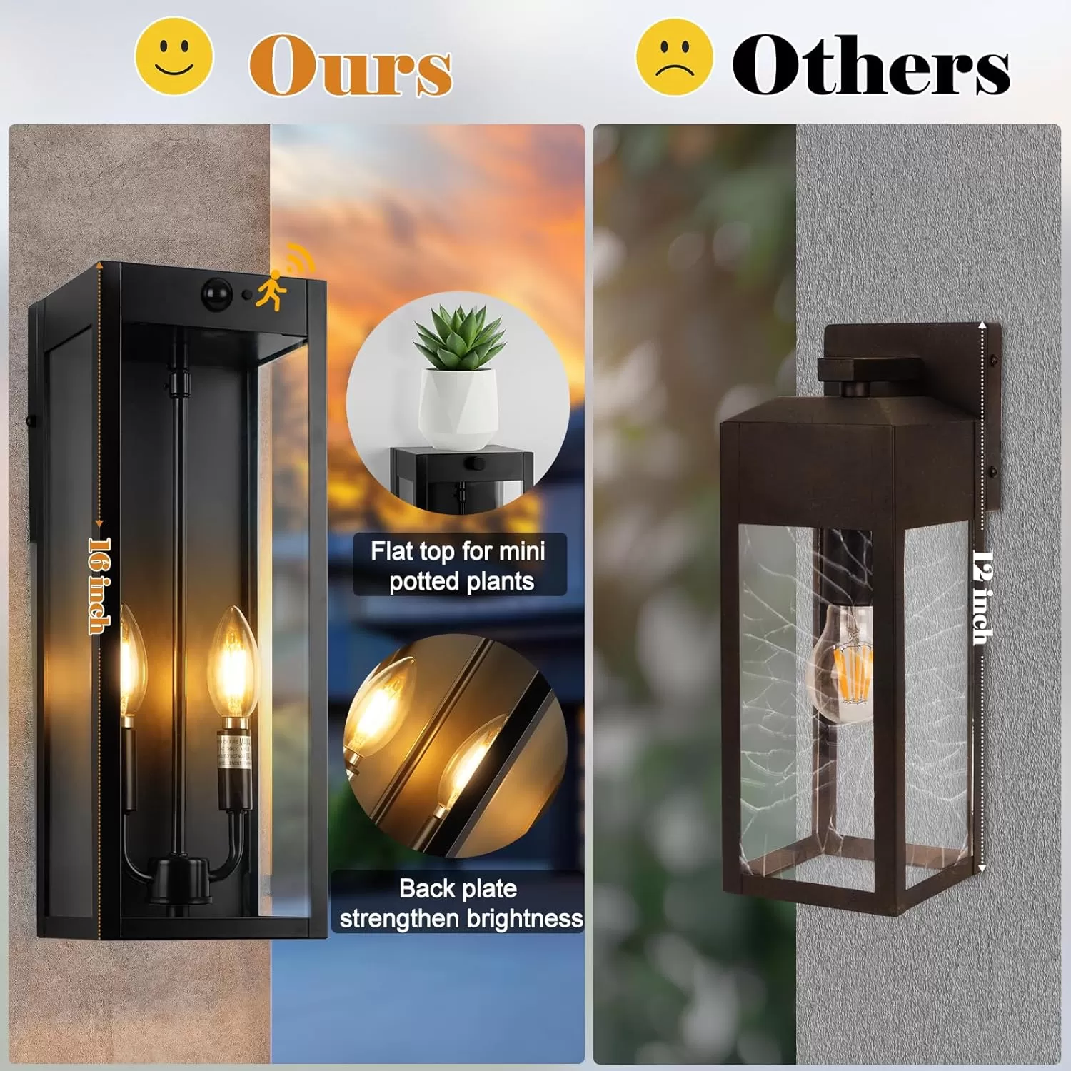 B06157PG Black Motion Sensor Outdoor Lights 2-Light, 16” Modern Dusk to Dawn Sensor Lights for Outside 2 Pack, Exterior Wall Mount Porch Lanterns Waterproof Outside House Lamps for Garage Yard E12 - Image 9