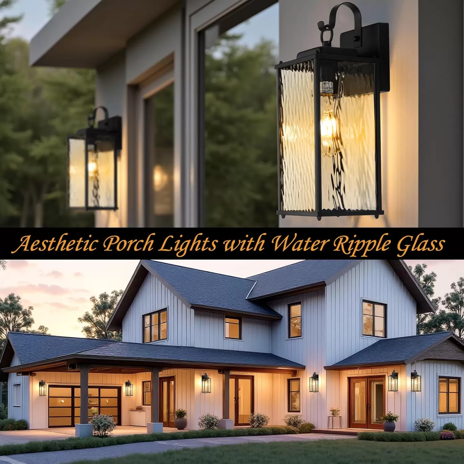 B04057P 12 Inch Outdoor Wall Sconces with Water Ripple Glass 2-Pack, IP65 Waterproof Matte Black Exterior Light Fixtures Outside Lights for House Front Porch Lanterns Patio Garage Lights, E26 - Image 3