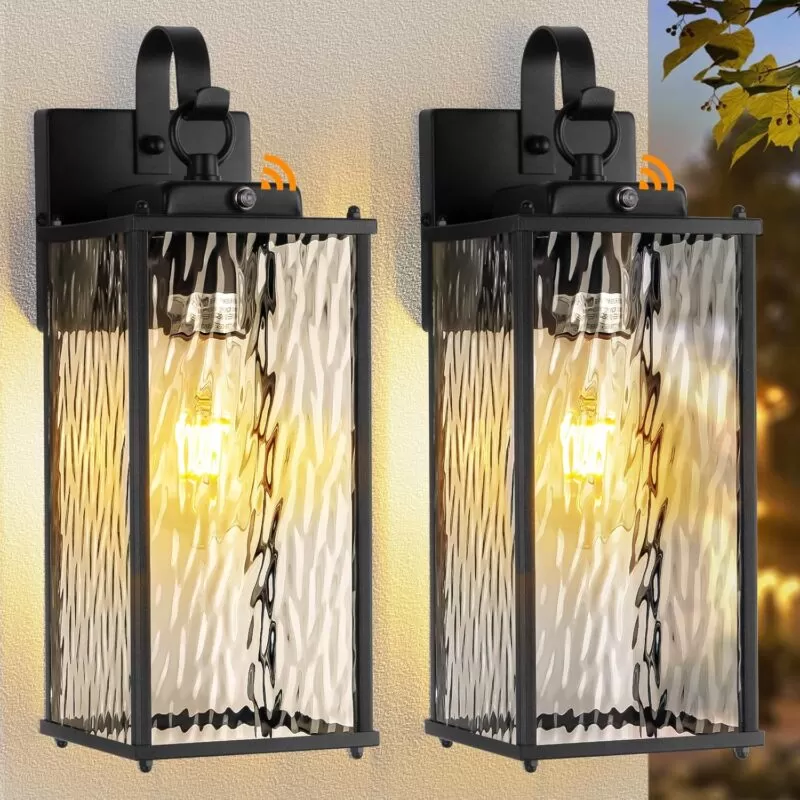 B05086PP 2-Pack Dusk to Dawn Outdoor Lighting with Water Ripple Glass, IP65 Waterproof Matte Black Front Porch Lights Photocell Sensor Exterior Light Fixtures Outdoor Wall Sconces Coach Lights
