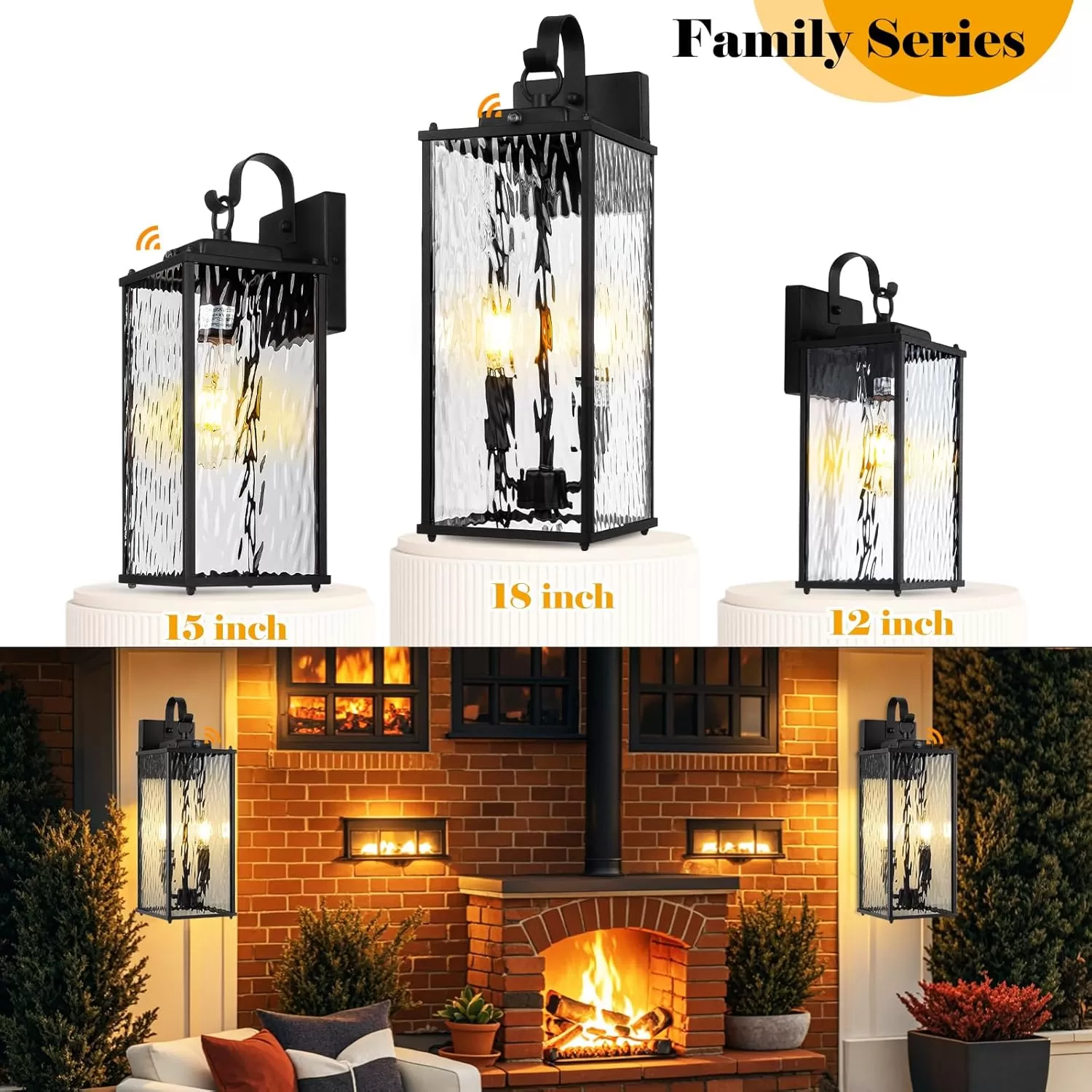 B05087PP Dusk to Dawn Sensor Outdoor Light 18 Inch, Large 2-Light Bulb Outdoor Sconce Light Photocell Sensor Water Ripple Glass IP65 Waterproof Exterior Wall Lantern Lamp, E12 - Image 4