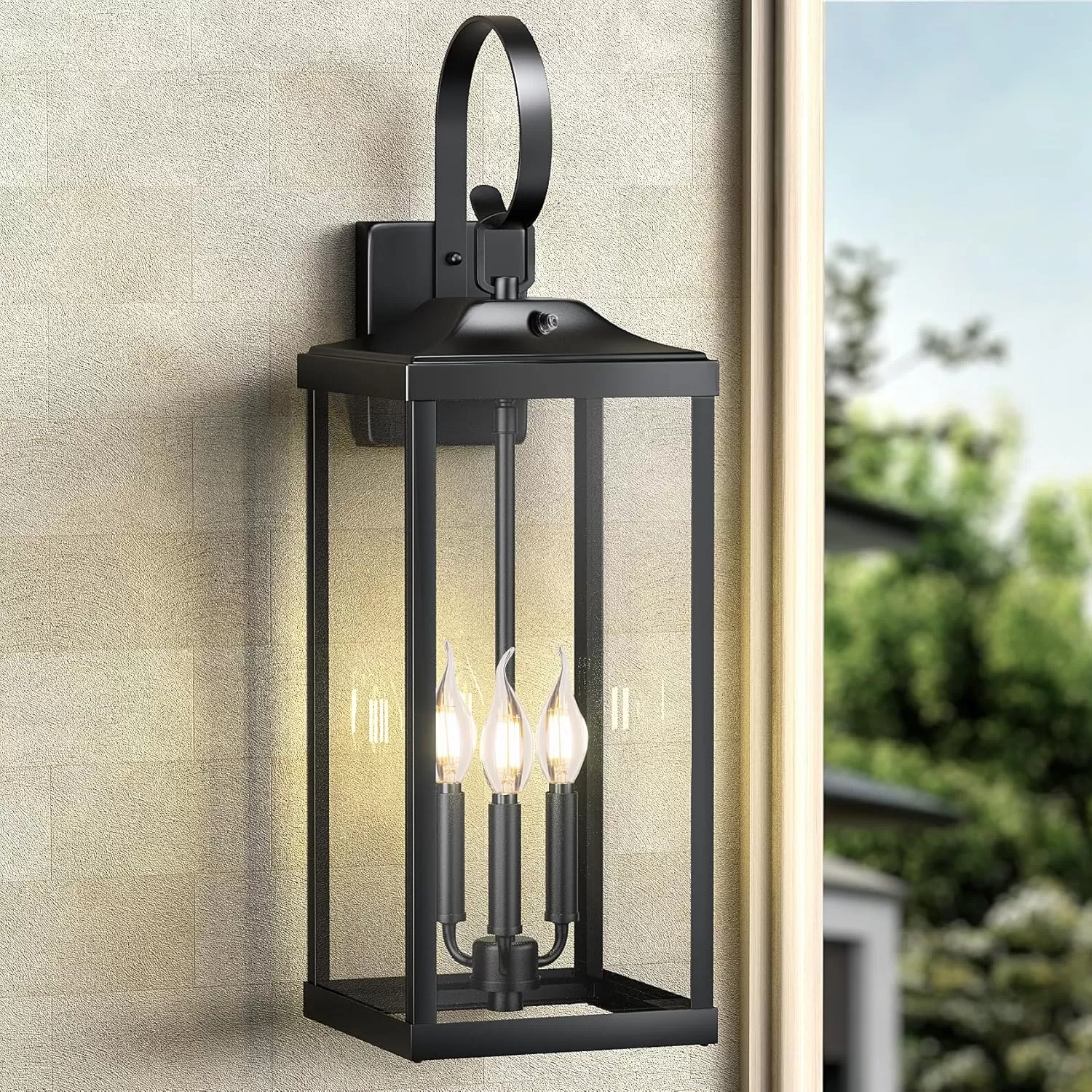 B08039PP 2 Packs 24" Extra Large Dusk to Dawn Light Fixture 3-Light, Black Outdoor Porch Lantern Wall Mounted, Waterproof Modern Outside Wall Sconce Coach Lamp for House, E12 - Image 4
