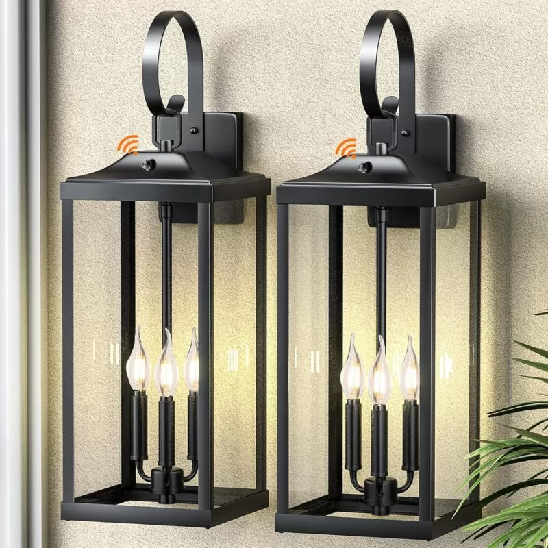B08039PP 2 Packs 24" Extra Large Dusk to Dawn Light Fixture 3-Light, Black Outdoor Porch Lantern Wall Mounted, Waterproof Modern Outside Wall Sconce Coach Lamp for House, E12
