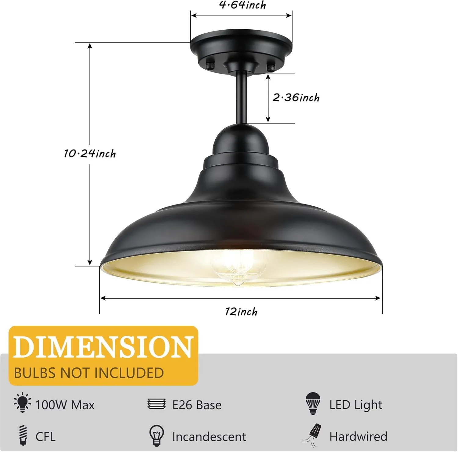 X12010P Farmhouse Semi Flush Mount Ceiling Lights, Modern Ceiling Light Fixture with Black Finish for Kitchen, Hallway, Entryway, Dining Room, Bedroom, Cafe, Bar, Living Room, 12" - Image 5