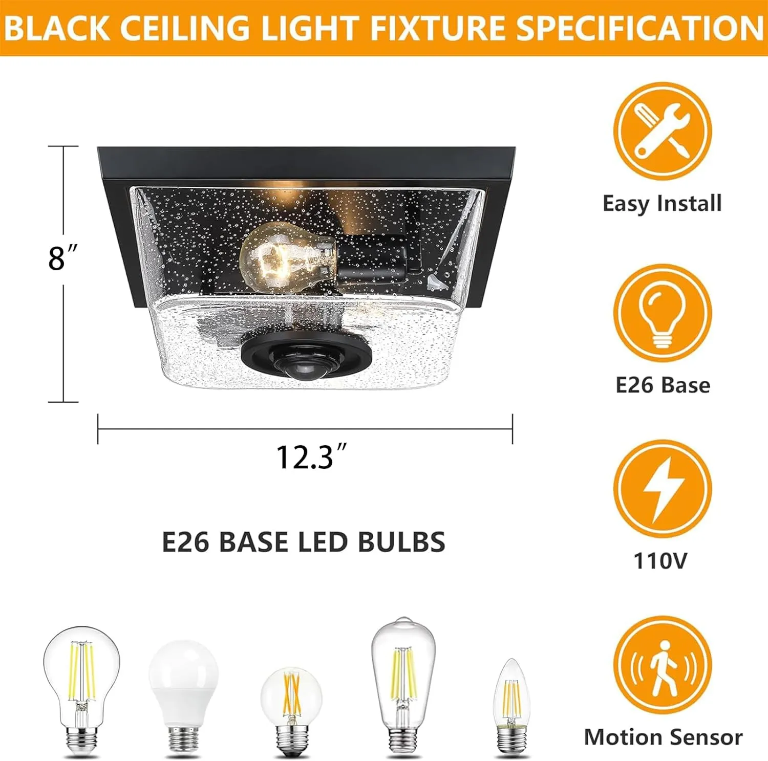 HWXDD003-2 X12025PG Outdoor Motion Sensor Ceiling Light,Industrial Flush Mount Outside 2-Light Exterior Light with Clear Glass for Garage,Front Door,Backyard - Image 5