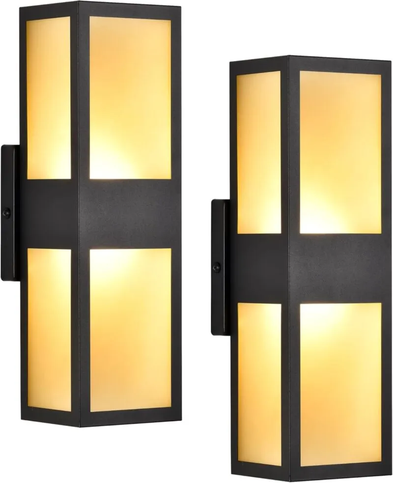 CY0330-2BL B04071P Modern Exterior Wall Lights, Rustic Black LED Outdoor Lights with Warm Amber Lampshade, Waterproof Up and Down Outdoor Lights for House, Garage, Patio, Porch, 2 Pack