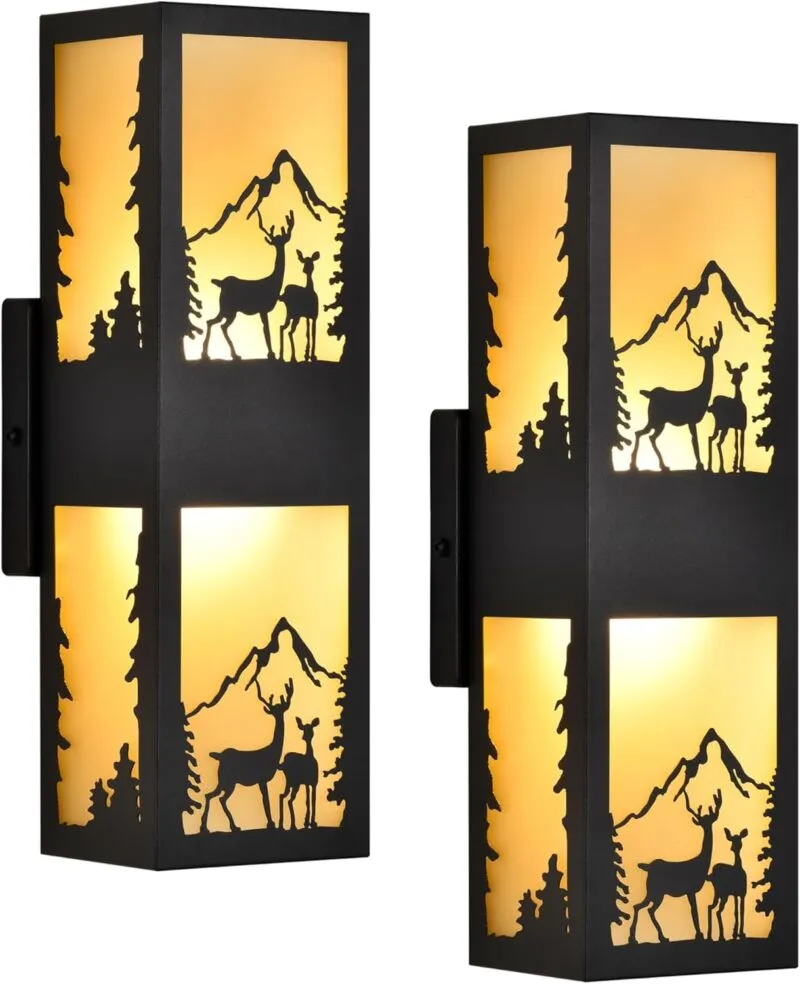 CY0331-2BL B04071PB Rustic Exterior Wall Lights with Deer Pattern, Black Outside Lights with Warm Amber Lampshade, Waterproof Up and Down LED Outside Lights for House, Garage, Patio, Front Door, 2 Pack