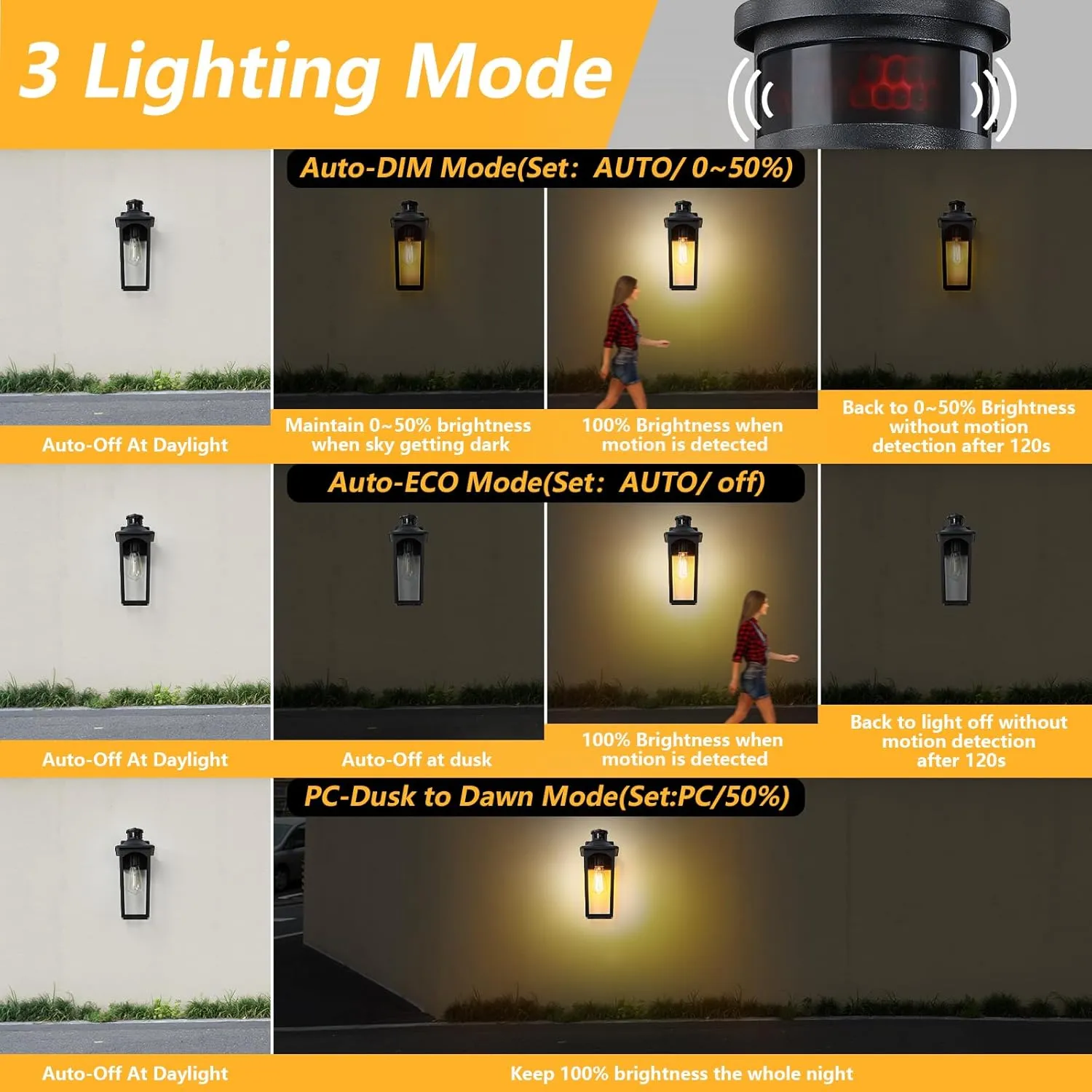 BD065-1-GY B06144PG 14" Motion Sensor Outdoor Wall Light,Sand Black Dusk to Dawn Exterior Wall Mount Outside Lighting,Industrial Anti-Rust Lantern Porch Light for Doorway,Garage,Yard,Patio - Image 7