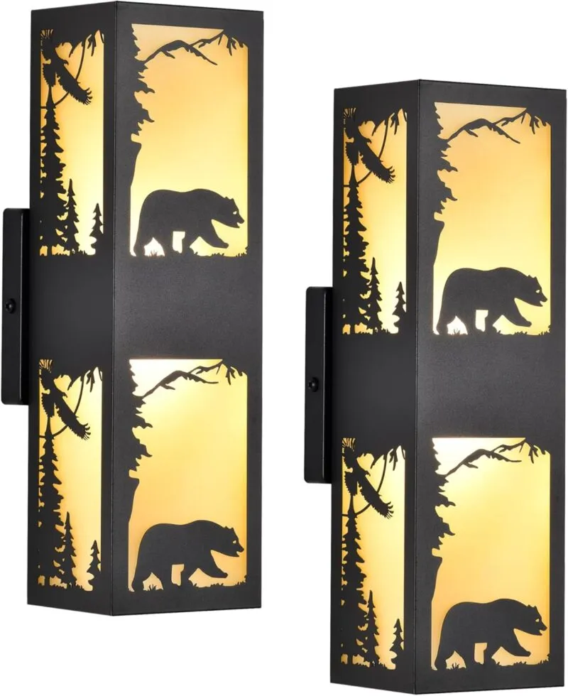 CY0332-2BL B04071PC Rustic Exterior Wall Lights with Bear Pattern, Black Porch Lights Outdoor with Warm Amber Lampshade, Waterproof Up and Down LED Outside Lights for House Garage, Patio, Front Door, 2 Pack
