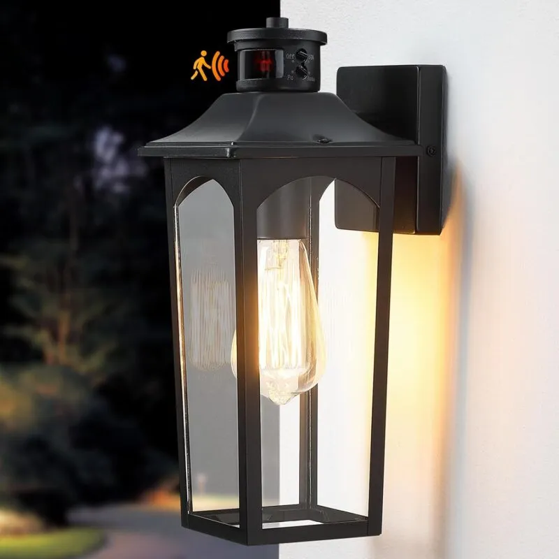 BD065-1-GY B06144PG 14" Motion Sensor Outdoor Wall Light,Sand Black Dusk to Dawn Exterior Wall Mount Outside Lighting,Industrial Anti-Rust Lantern Porch Light for Doorway,Garage,Yard,Patio
