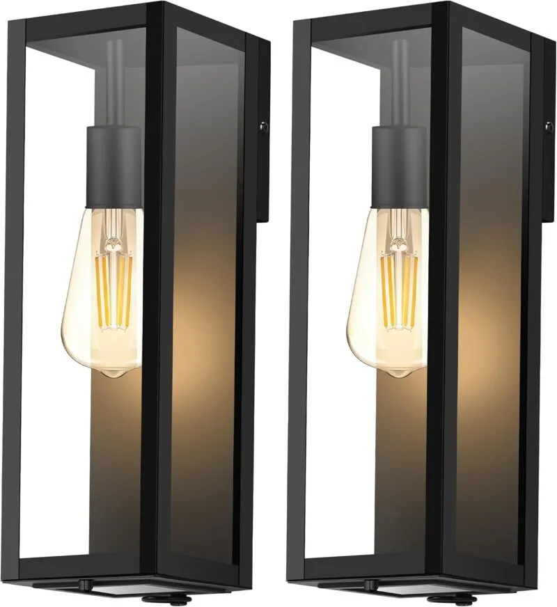 LC-RBK-FXL-15IN B04078P Modern Outdoor Light Fixture with Closed Bottom, WaterProof Exterior Lighting Fixtures, Black Outdoor Lanterns for Porch Patio Garage Front Door Entryway,E26 Socket & Glass Shade, 2 Pack,15inch