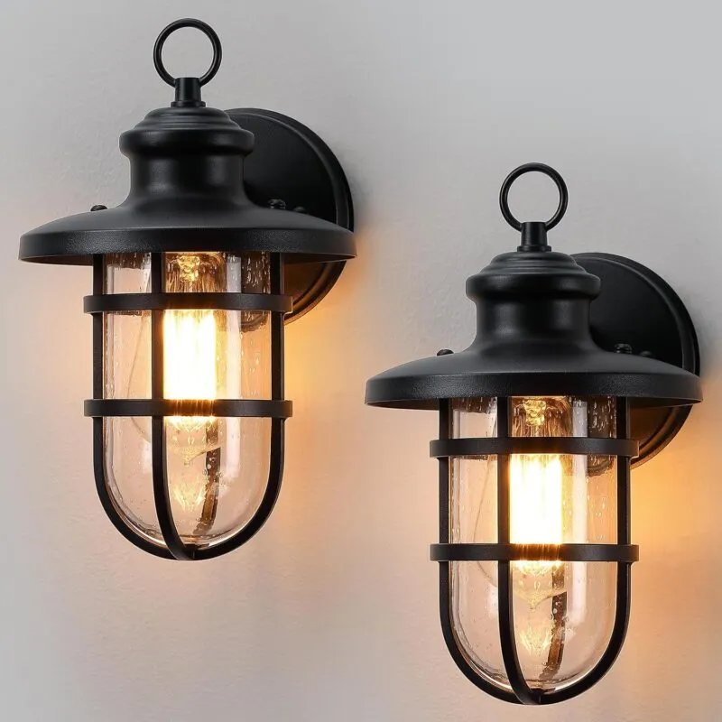 BD060-1 B06135P 2 Pack Outdoor Wall Mount, Outside Wall Sconce Lighting Fixture with Seeded Glass, Sand Black Waterproof Exterior Light for Porch, Doorway,Hallway Garage, Yard,Patio