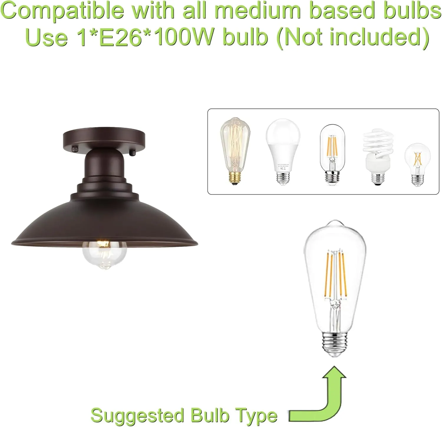 C00001 X10018P Oil Rubbed Bronze Outdoor Semi Flush Mount Ceiling Light Fixture, Metal Farmhouse Kitchen Light with E26 Based Socket, Round Semi Flush Ceiling Light for Kitchen - Image 5
