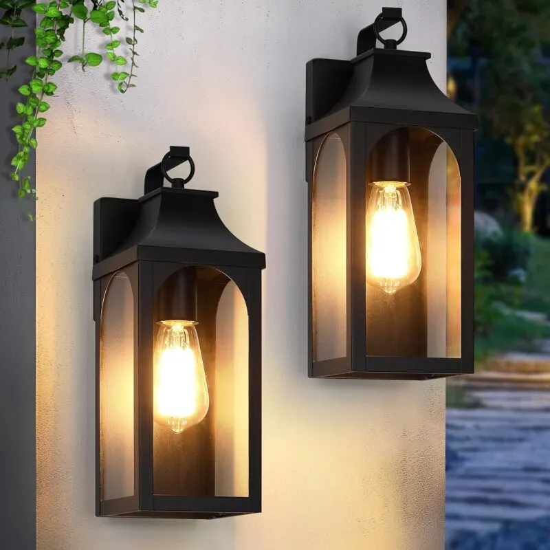 BD061-1 B05079P 2-Pack 13" Outdoor Wall Light Fixtures, Matte Black Exterior Light Fixture with Clear Glass Lampshade, Anti-Rust Waterproof Outdoor Sconce Lights Porch Lights for Entryway, Patio, Garage