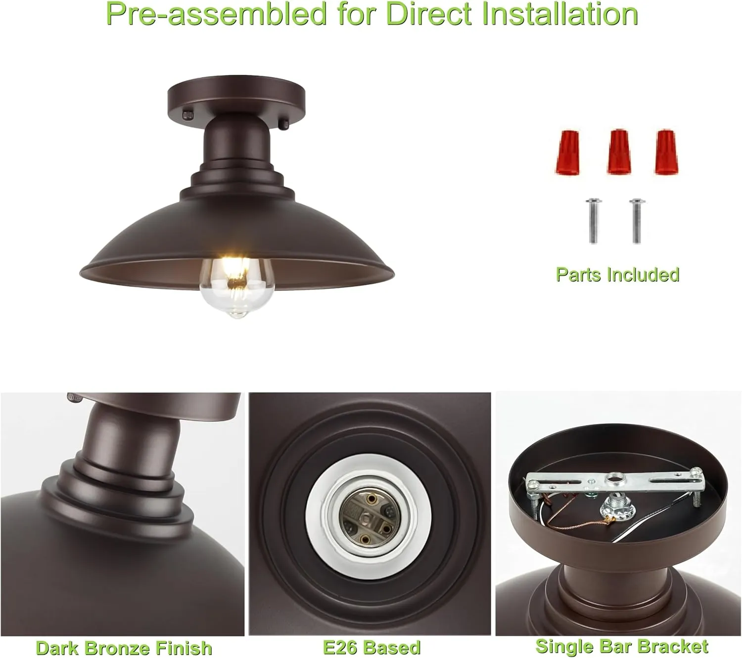 C00001 X10018P Oil Rubbed Bronze Outdoor Semi Flush Mount Ceiling Light Fixture, Metal Farmhouse Kitchen Light with E26 Based Socket, Round Semi Flush Ceiling Light for Kitchen - Image 4