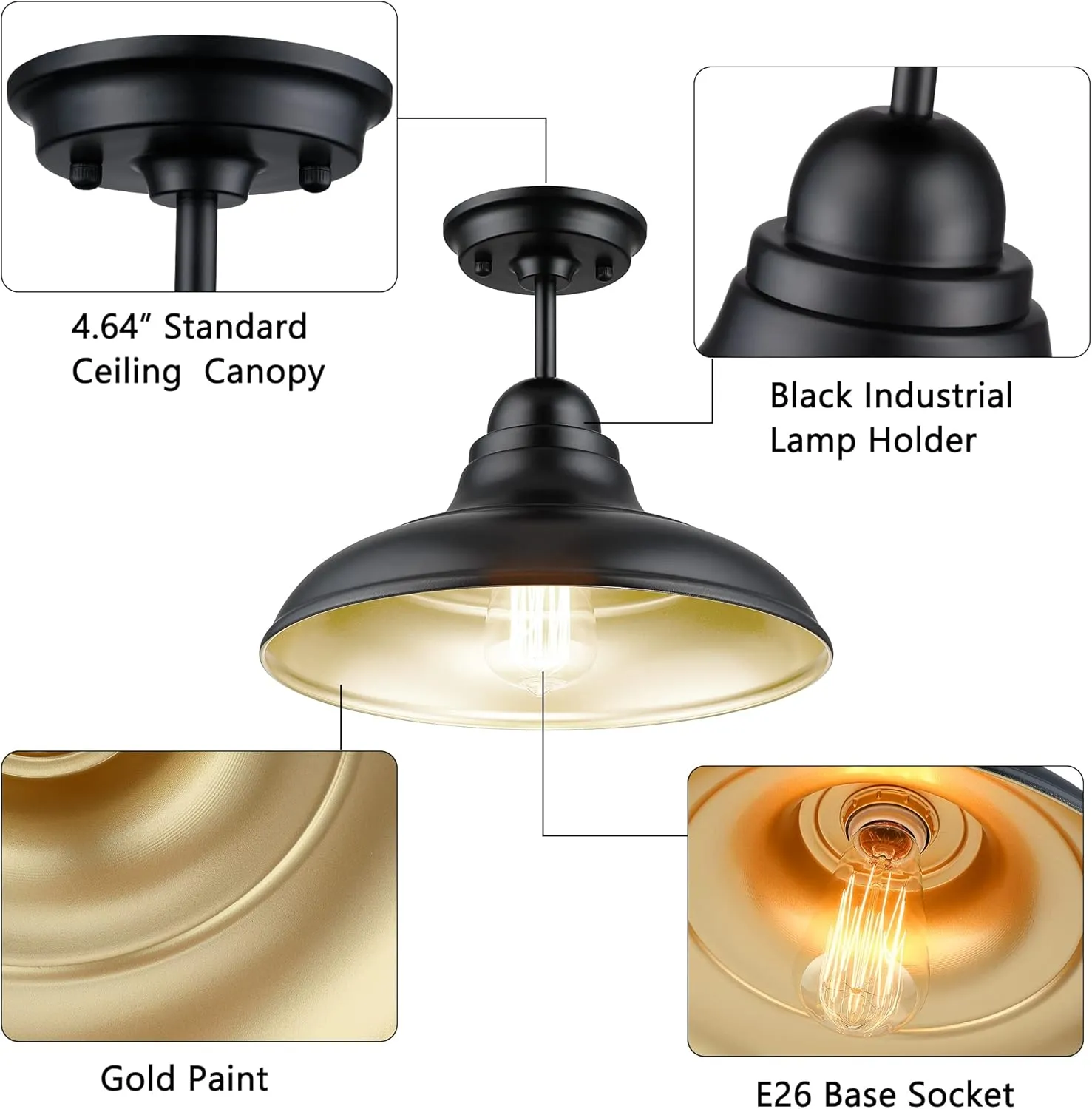 X12010P Farmhouse Semi Flush Mount Ceiling Lights, Modern Ceiling Light Fixture with Black Finish for Kitchen, Hallway, Entryway, Dining Room, Bedroom, Cafe, Bar, Living Room, 12" - Image 4
