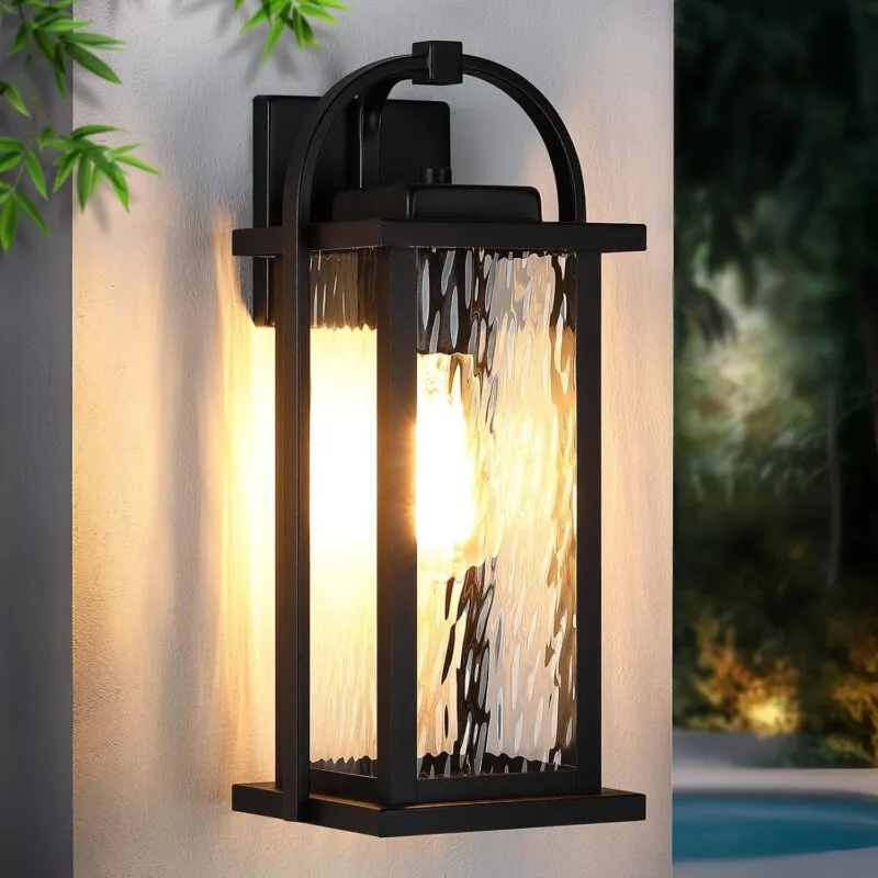 BD062-1 B06137P 15" Outdoor Wall Light Fixtures, Exterior Matte Black Wall Sconce with Water Ripple Glass, Anti-Rust Waterproof Outdoor Porch Lights, Outdoor Lighting for Entryway, Patio, Garage, Doorway