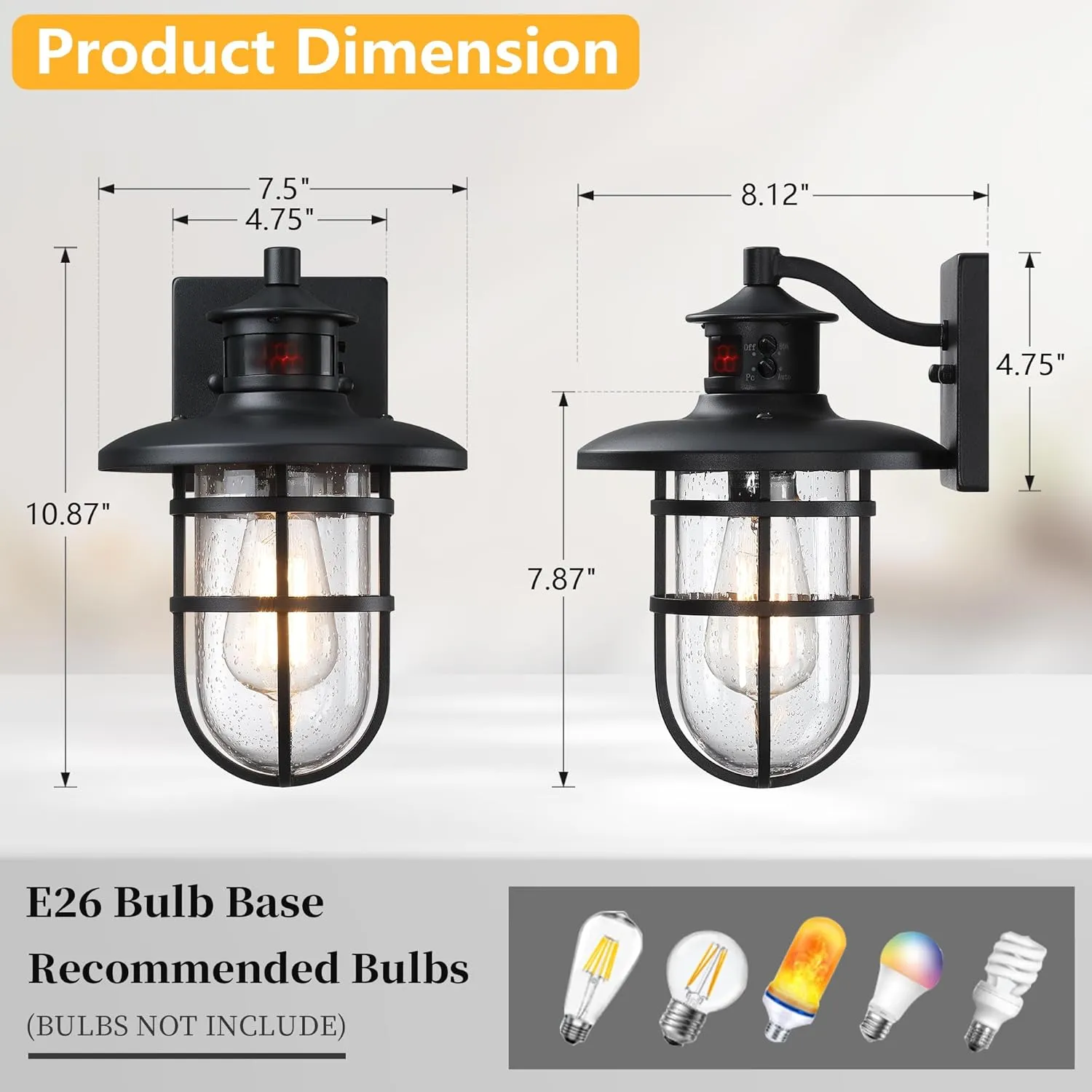 HWBD007-1 B07058PG 2 Pack Outdoor Wall Sconce with Motion Sensor,Outside Dusk to Dawn Exterior Wall Mount,Industrial Anti-Rust Lantern Wall Lamp for Porch,Doorway,Garage,Yard,Patio - Image 4