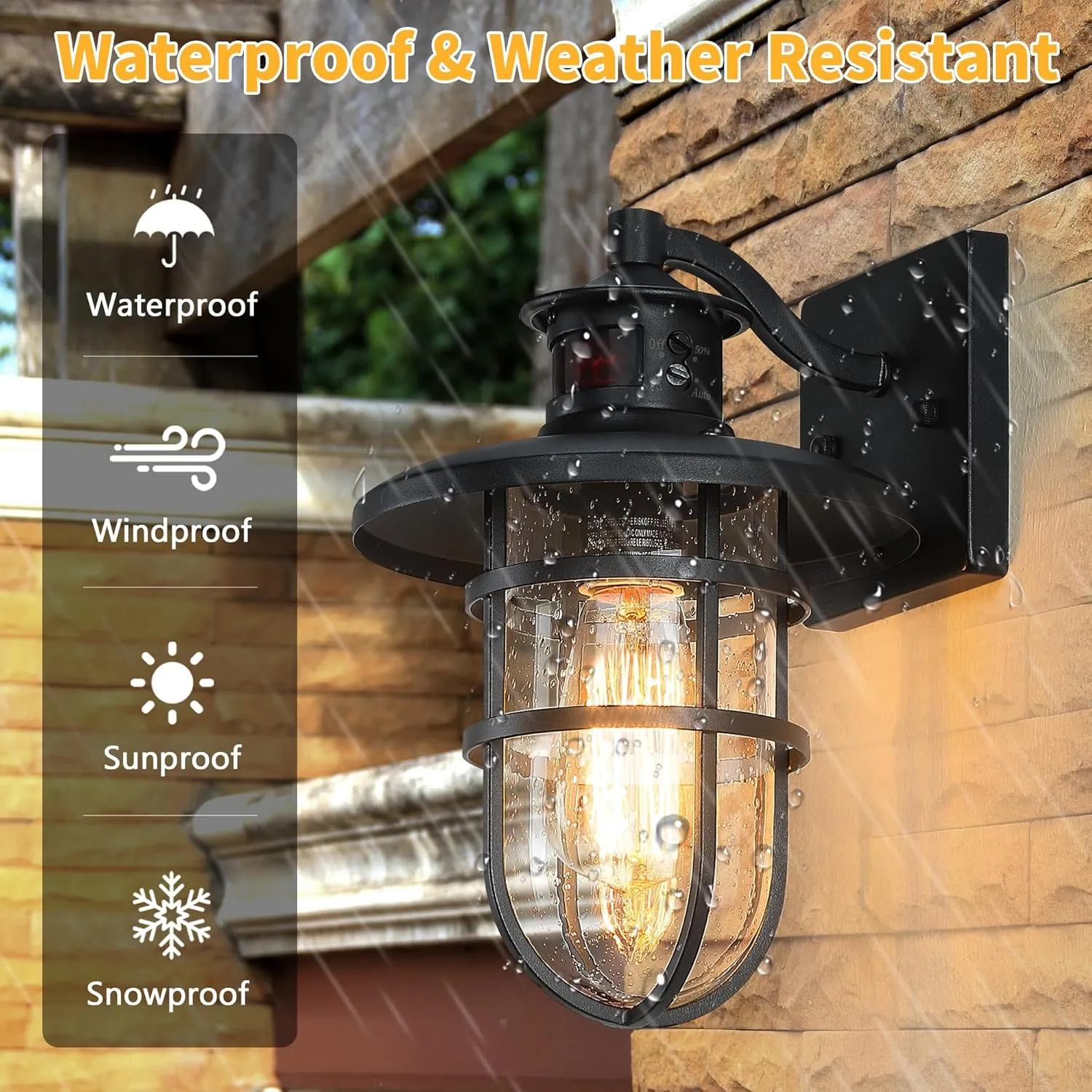 HWBD007-1 B07058PG 2 Pack Outdoor Wall Sconce with Motion Sensor,Outside Dusk to Dawn Exterior Wall Mount,Industrial Anti-Rust Lantern Wall Lamp for Porch,Doorway,Garage,Yard,Patio - Image 8