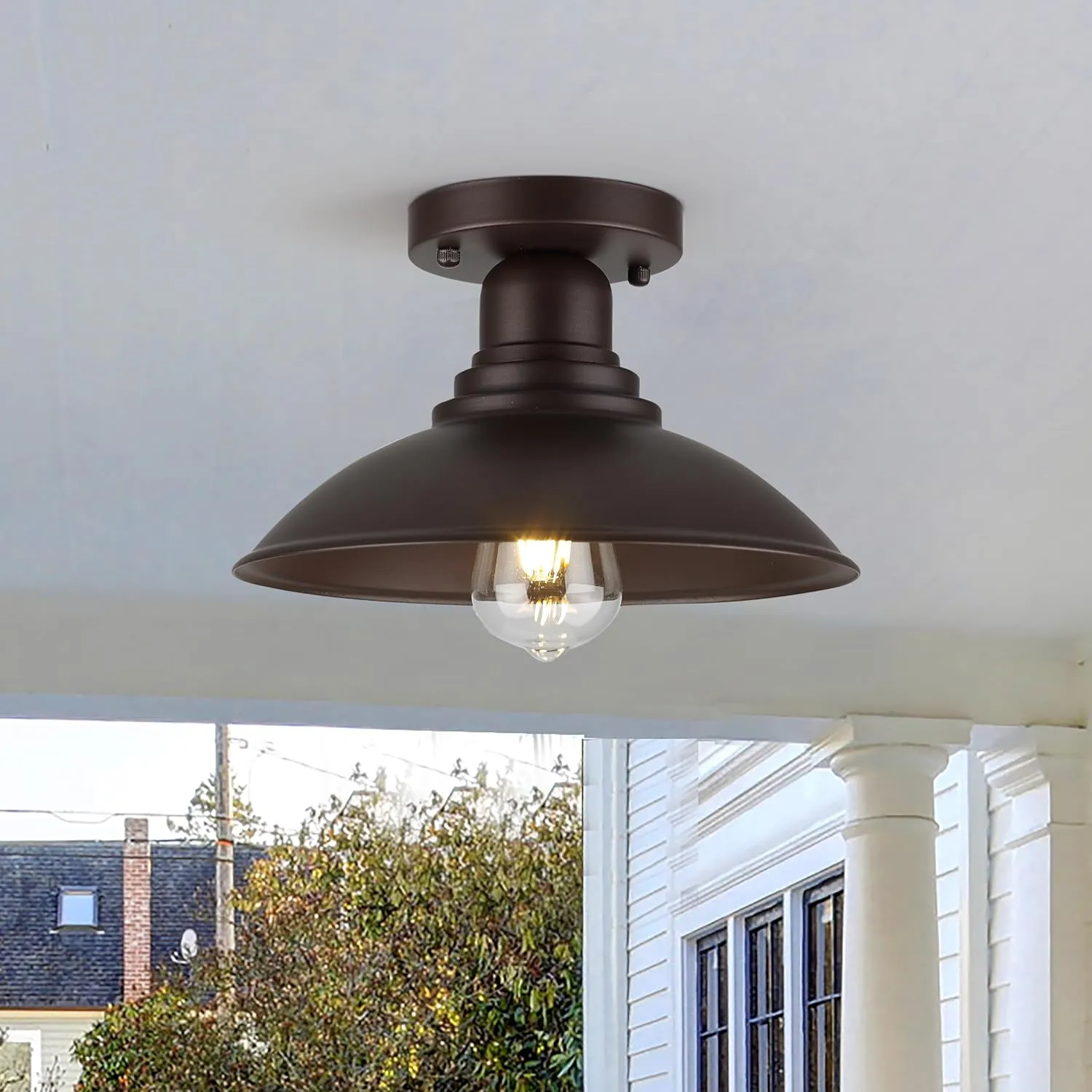 C00001 X10018P Oil Rubbed Bronze Outdoor Semi Flush Mount Ceiling Light Fixture, Metal Farmhouse Kitchen Light with E26 Based Socket, Round Semi Flush Ceiling Light for Kitchen - Image 2