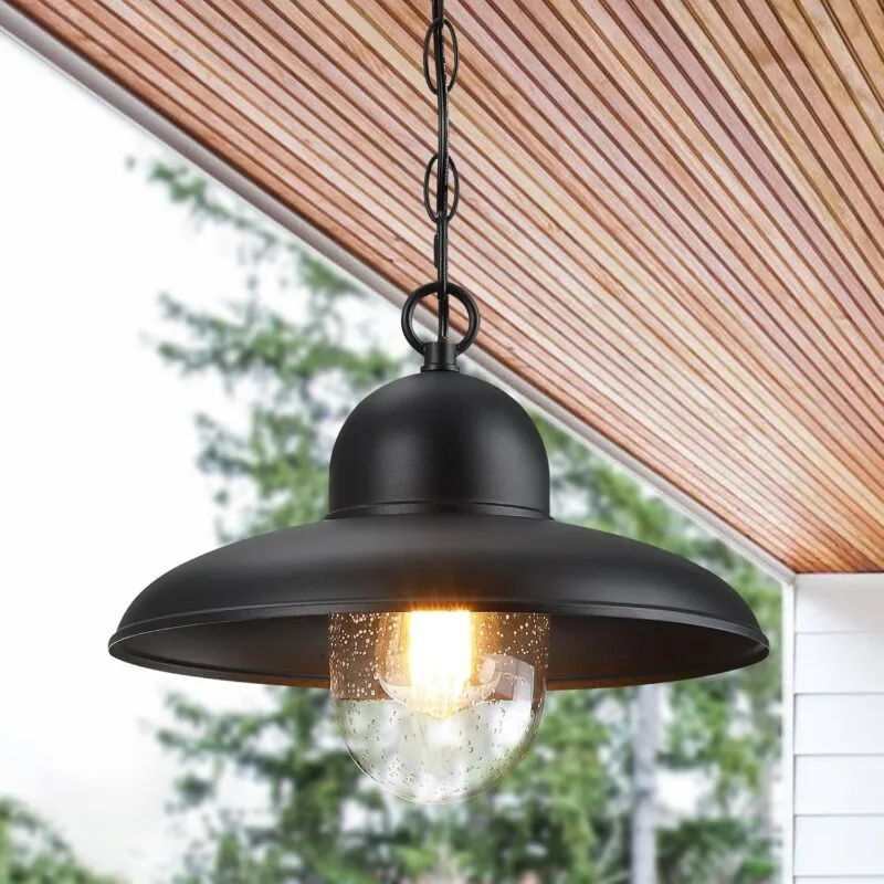 DD064-1 D12022P Outdoor Pendant Lights for Porch 12", Outdoor Farmhouse Hanging Light Fixture with Adjustable Chain and Bubble Glass, Black Rustic Exterior Pendant Light for Front Door, Gazebo, Entryway, Patio