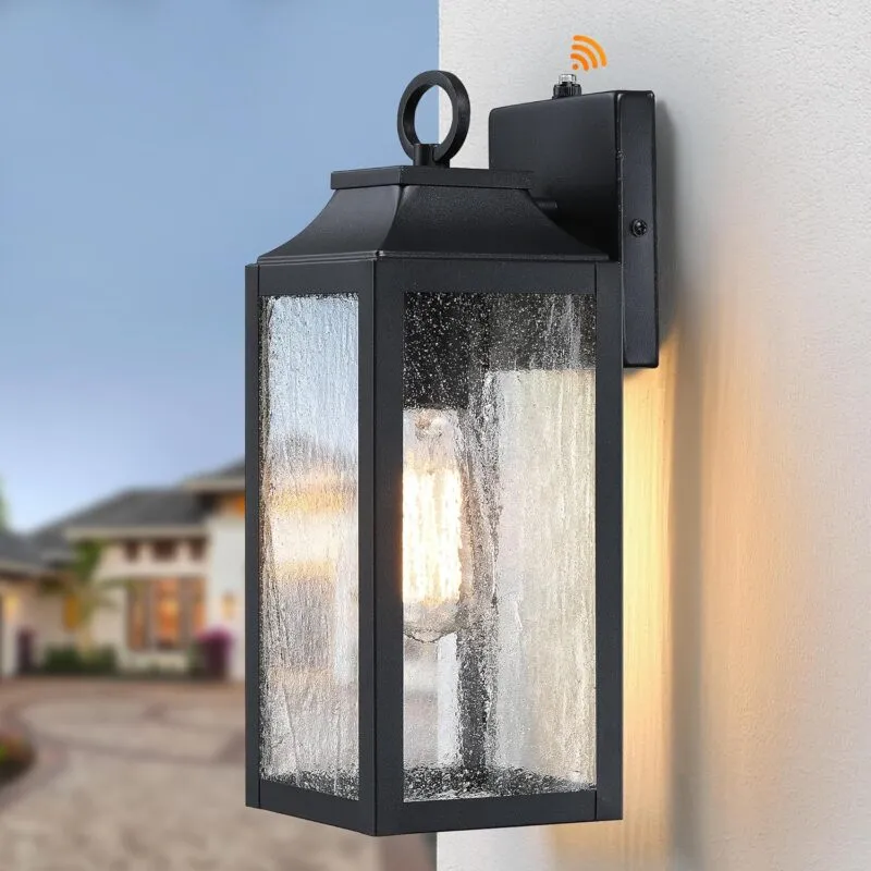 BD059-1-GY B04050PP Dusk to Dawn Outdoor Porch Light,Outside Exterior Front Wall Mount,Black Anti-Rust Wall Sconce with Seeded Glass Shade for House,Garage,Yard