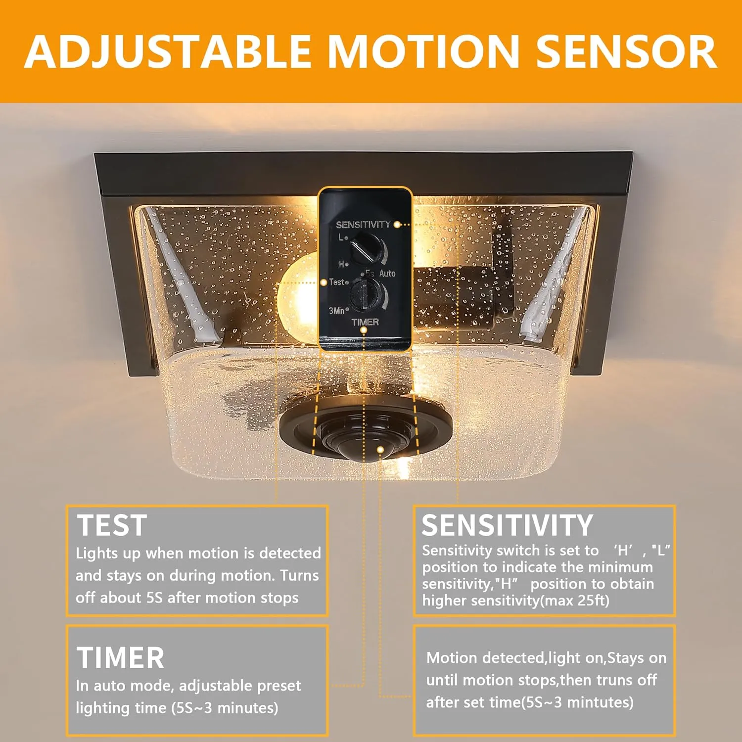 HWXDD003-2 X12025PG Outdoor Motion Sensor Ceiling Light,Industrial Flush Mount Outside 2-Light Exterior Light with Clear Glass for Garage,Front Door,Backyard - Image 4