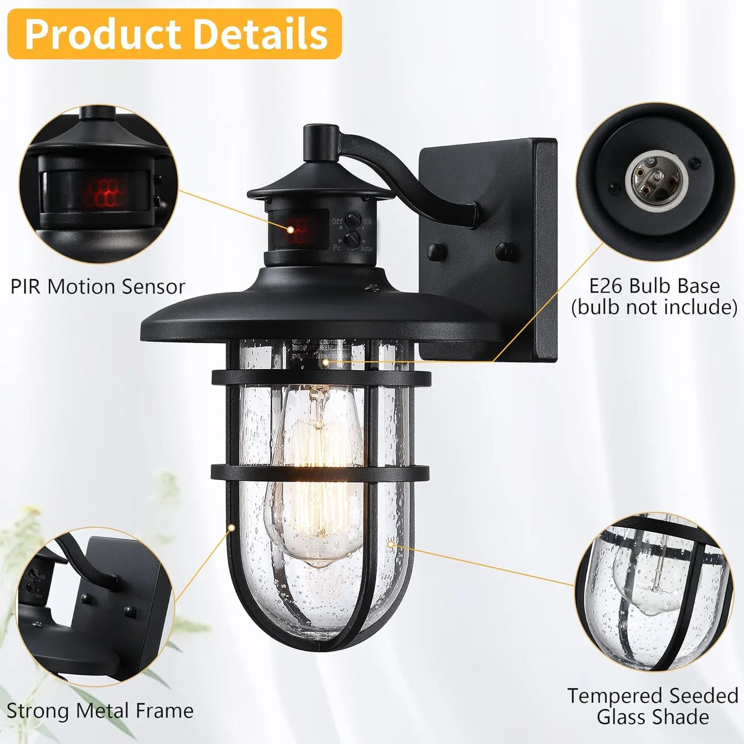 HWBD007-1 B07058PG 2 Pack Outdoor Wall Sconce with Motion Sensor,Outside Dusk to Dawn Exterior Wall Mount,Industrial Anti-Rust Lantern Wall Lamp for Porch,Doorway,Garage,Yard,Patio - Image 5