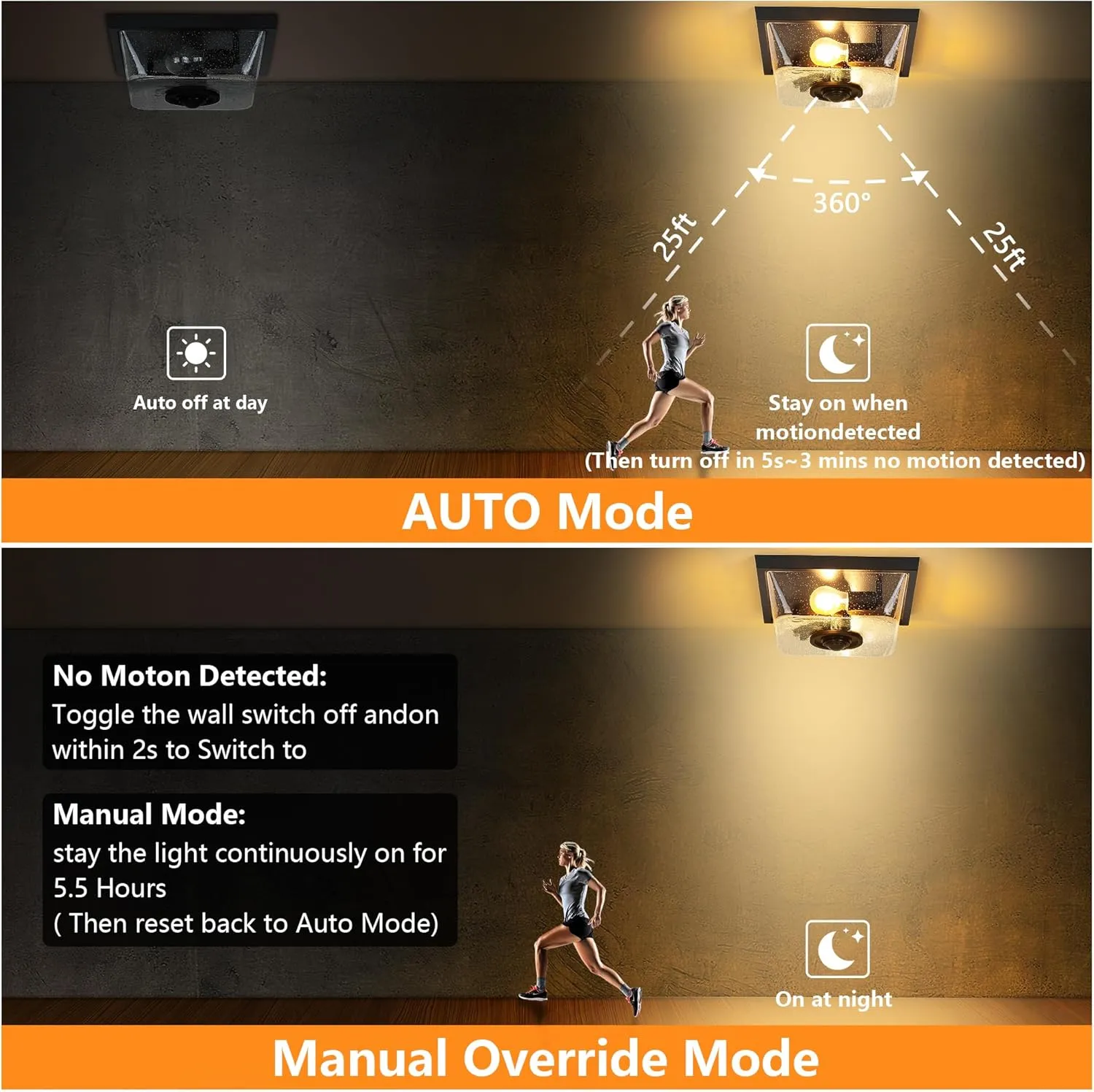 HWXDD003-2 X12025PG Outdoor Motion Sensor Ceiling Light,Industrial Flush Mount Outside 2-Light Exterior Light with Clear Glass for Garage,Front Door,Backyard - Image 7
