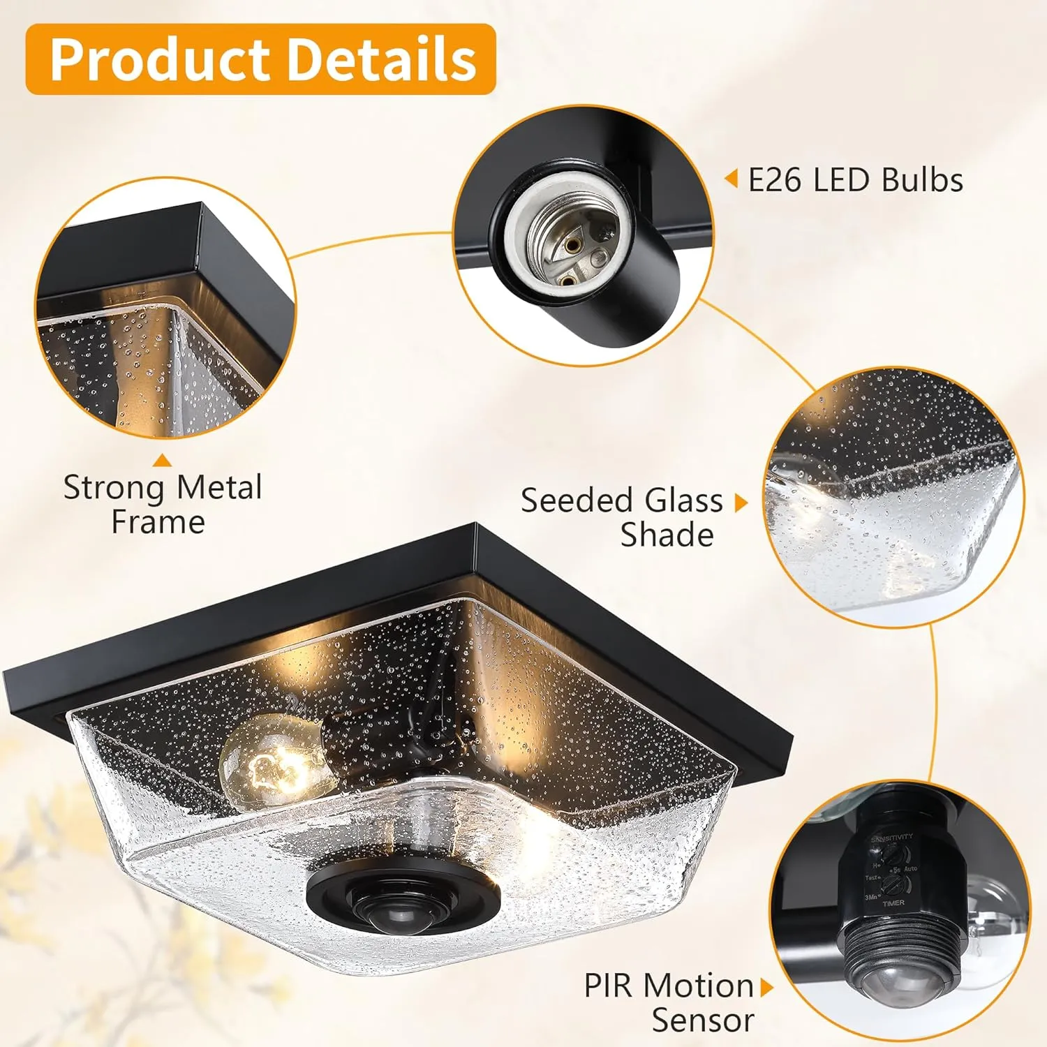 HWXDD003-2 X12025PG Outdoor Motion Sensor Ceiling Light,Industrial Flush Mount Outside 2-Light Exterior Light with Clear Glass for Garage,Front Door,Backyard - Image 3